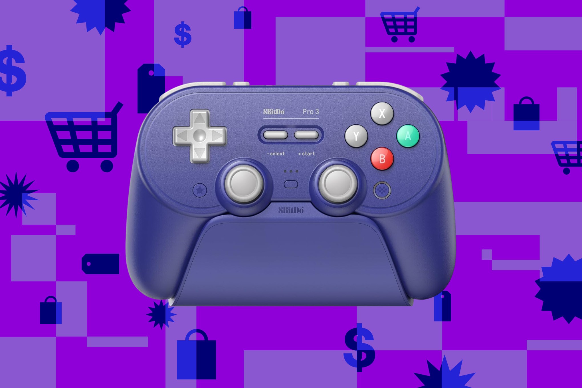 An image of the purple 8BitDo Pro 3 controller sitting on top of a purple collage background.