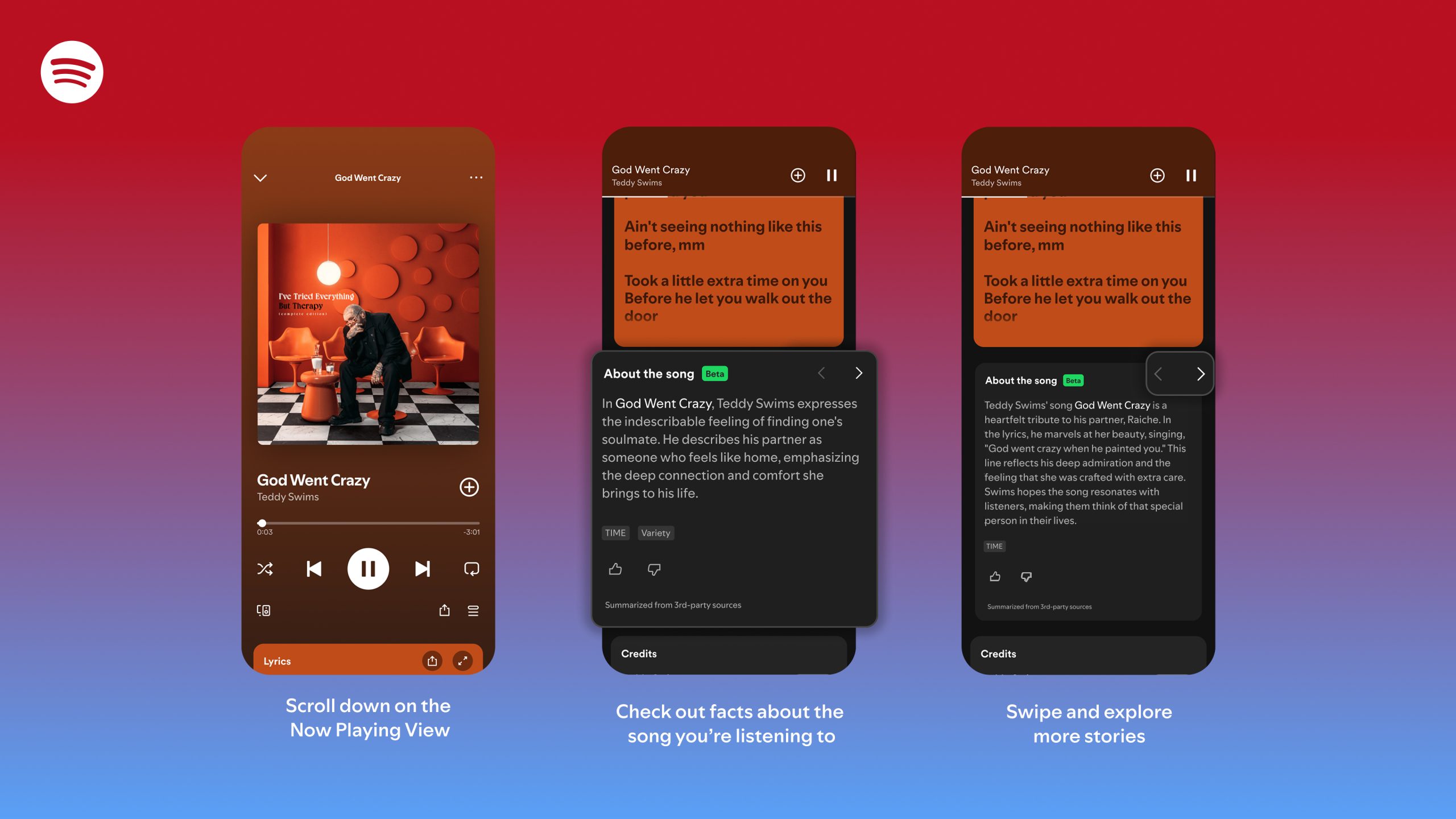 Spotify’s About the Song illustrated across three rendered phones.