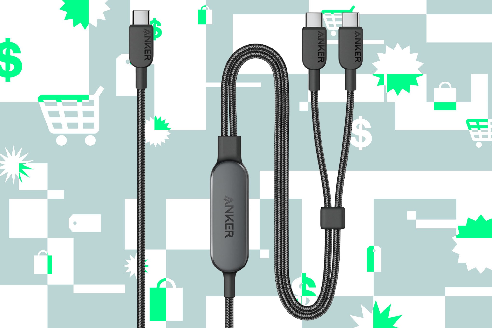 The Anker 140W 2-in-1 USB-C to USB-C cable on an illustrated background.