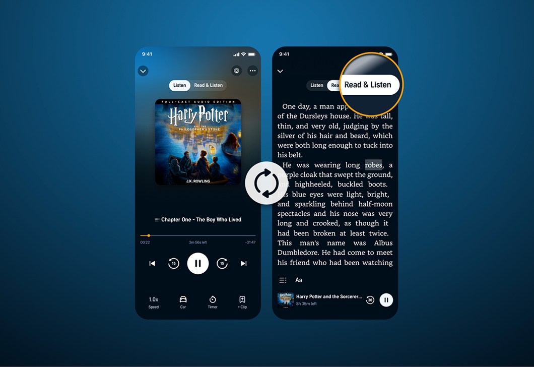 Screenshots of Audible’s immersion reading feature in front of a blue background