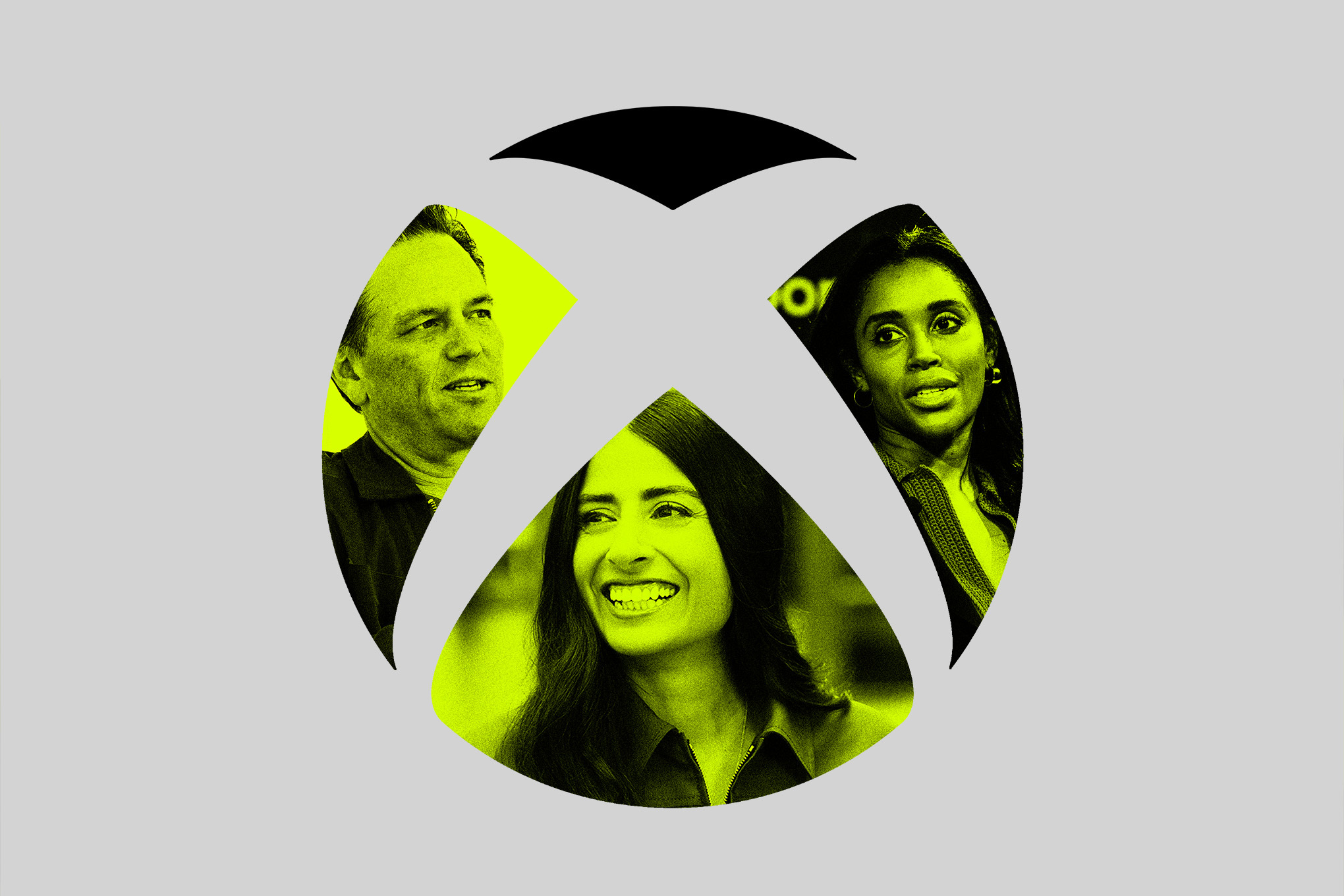 A photo illustration featuring Microsoft executives Phil Spencer, Sarah Bond, and Asha Sharma.