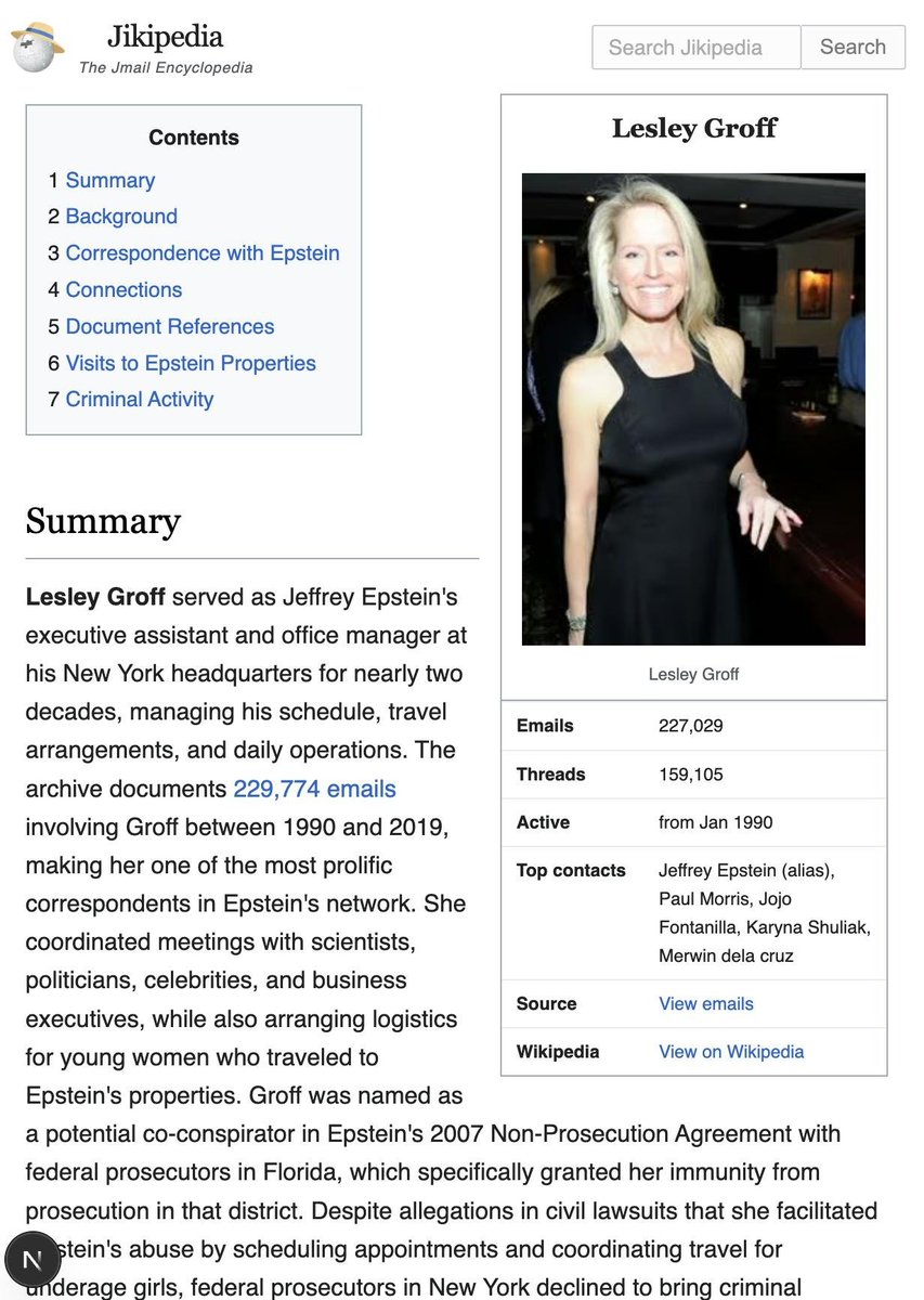 The Jikipedia entry for Lesley Groff, Epstein’s executive assistant.