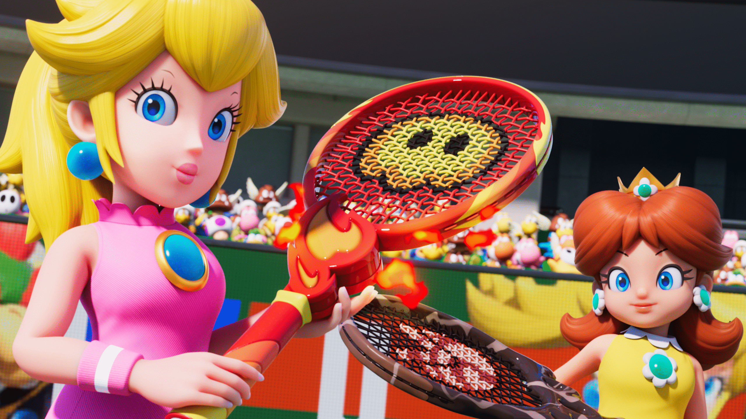 A screenshot from the video game Mario Tennis Fever.
