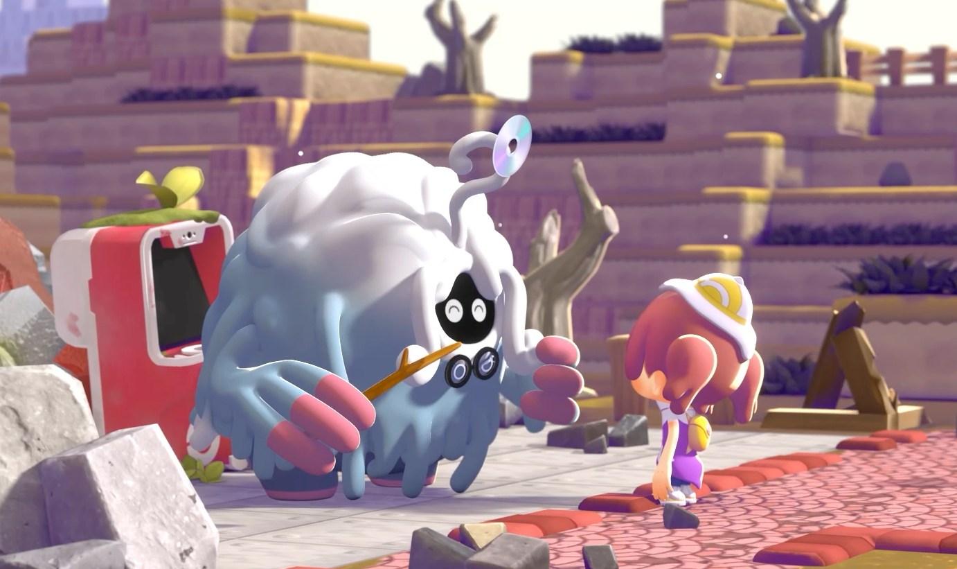 A Pokémon Pokopia screenshot depicting a Ditto transformed into a human having a conversation with a Tangrowth. Behind the pokémon is a ruined Pokémon Center and a steep canyon wall.