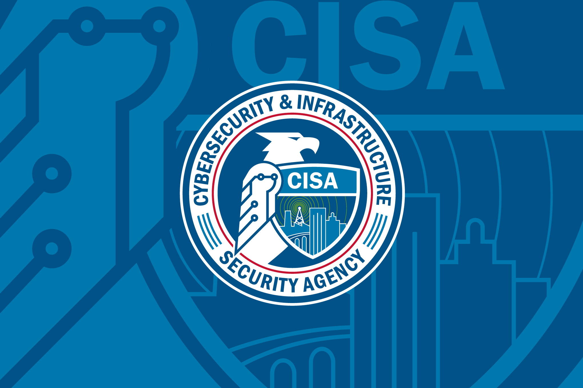 The Cybersecurity and Infrastruture Security Agency seal on a graphic blue background.