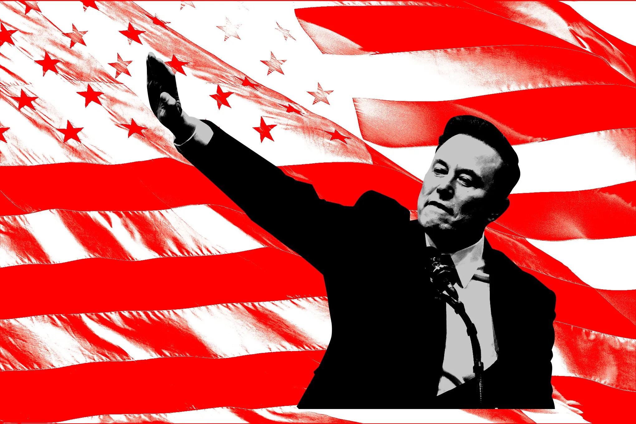 Elon Musk making a gesture that is ALARMINGLY similar to a Nazi salute, set against the backdrop of the American flag.