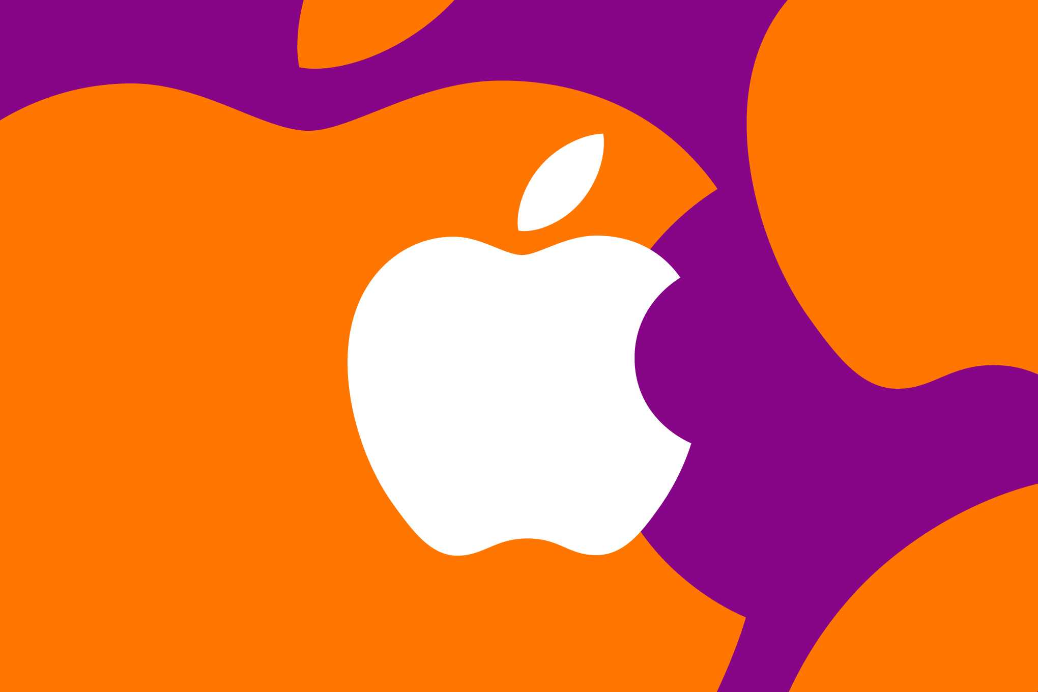 An illustration of the Apple logo on an orange and purple background