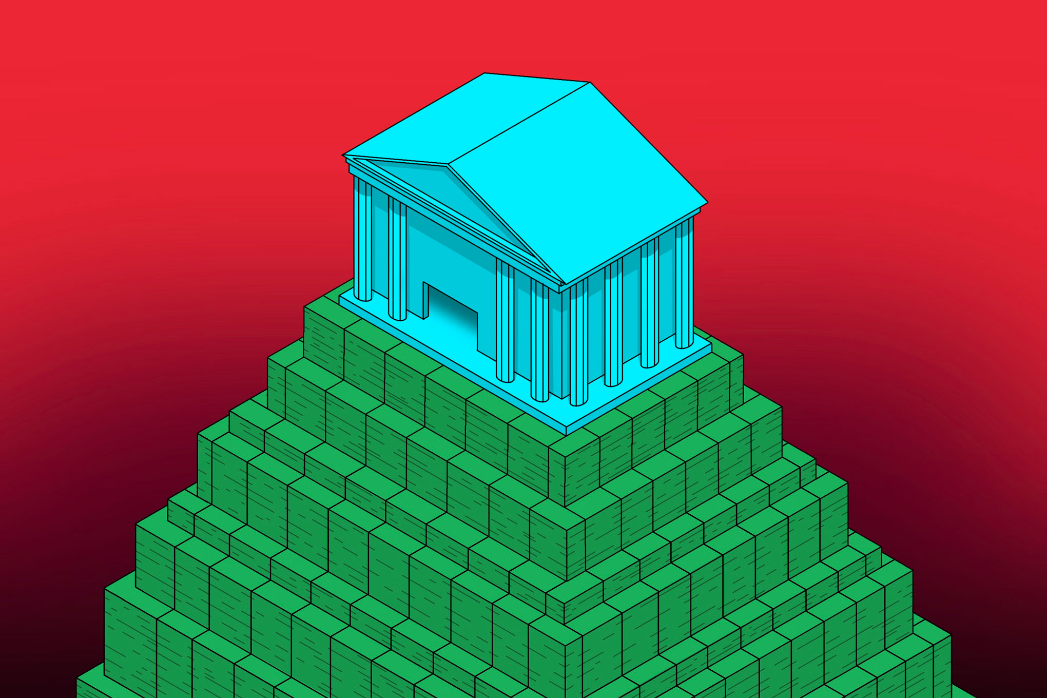 An image showing a government building on top of a pile of money