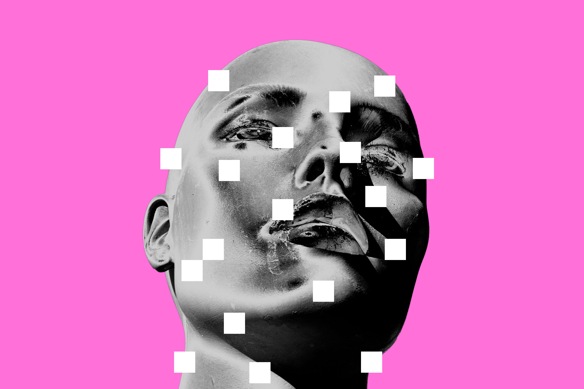 A mannequin’s face covered in pixels.