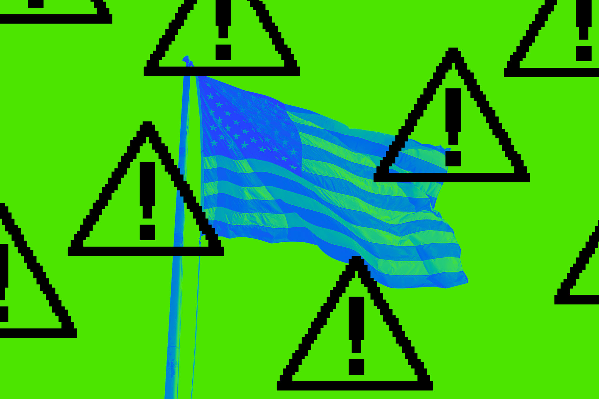 A photo showing a flag surrounded by warning symbols