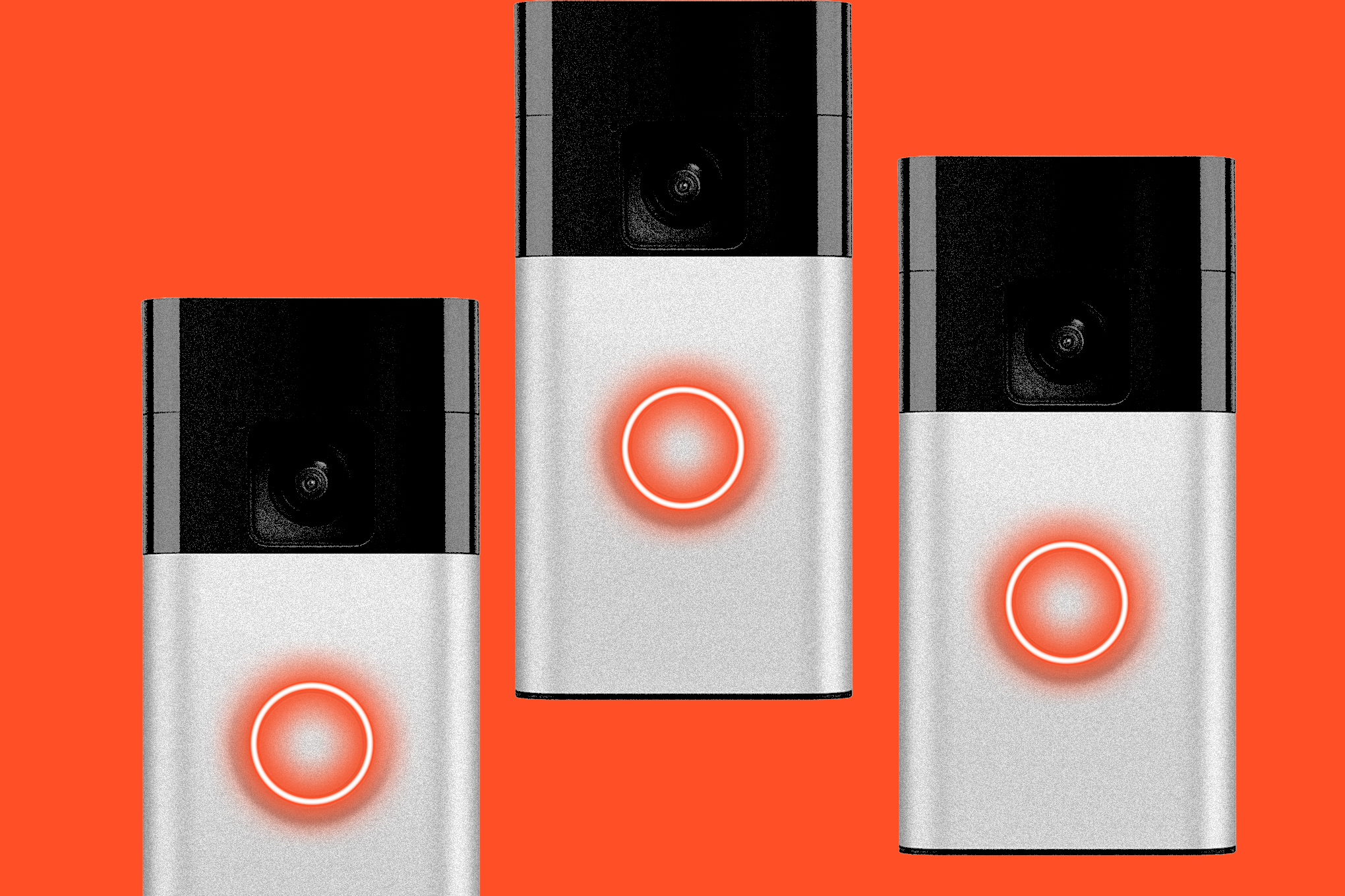Ring cameras on an ominous red background.