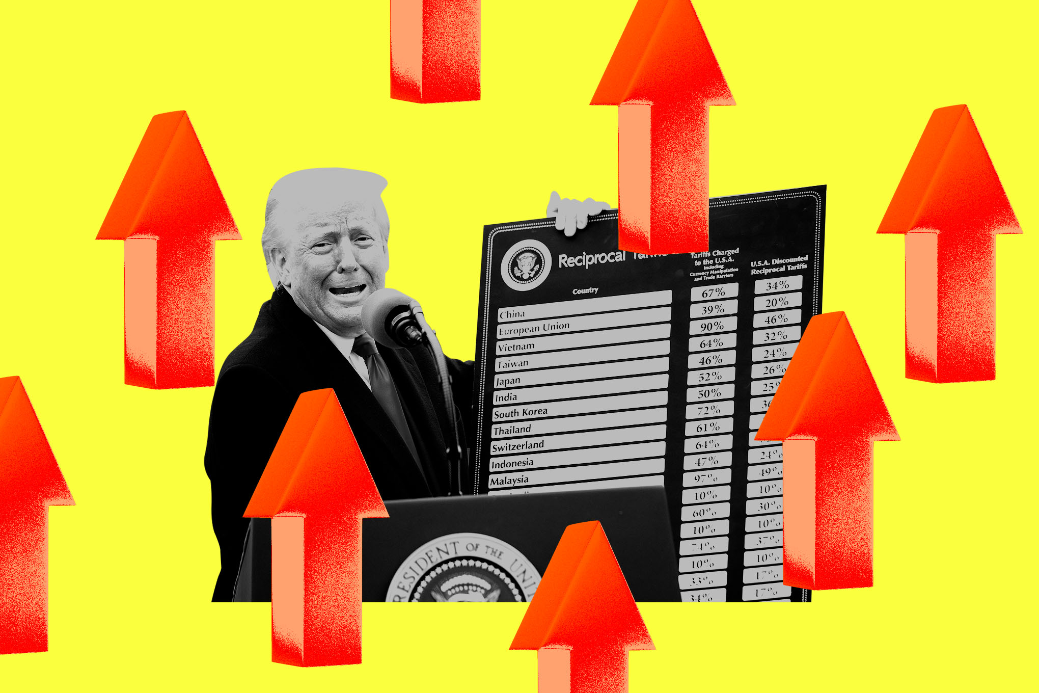 Donald Trump holding a chart with red up arrows.