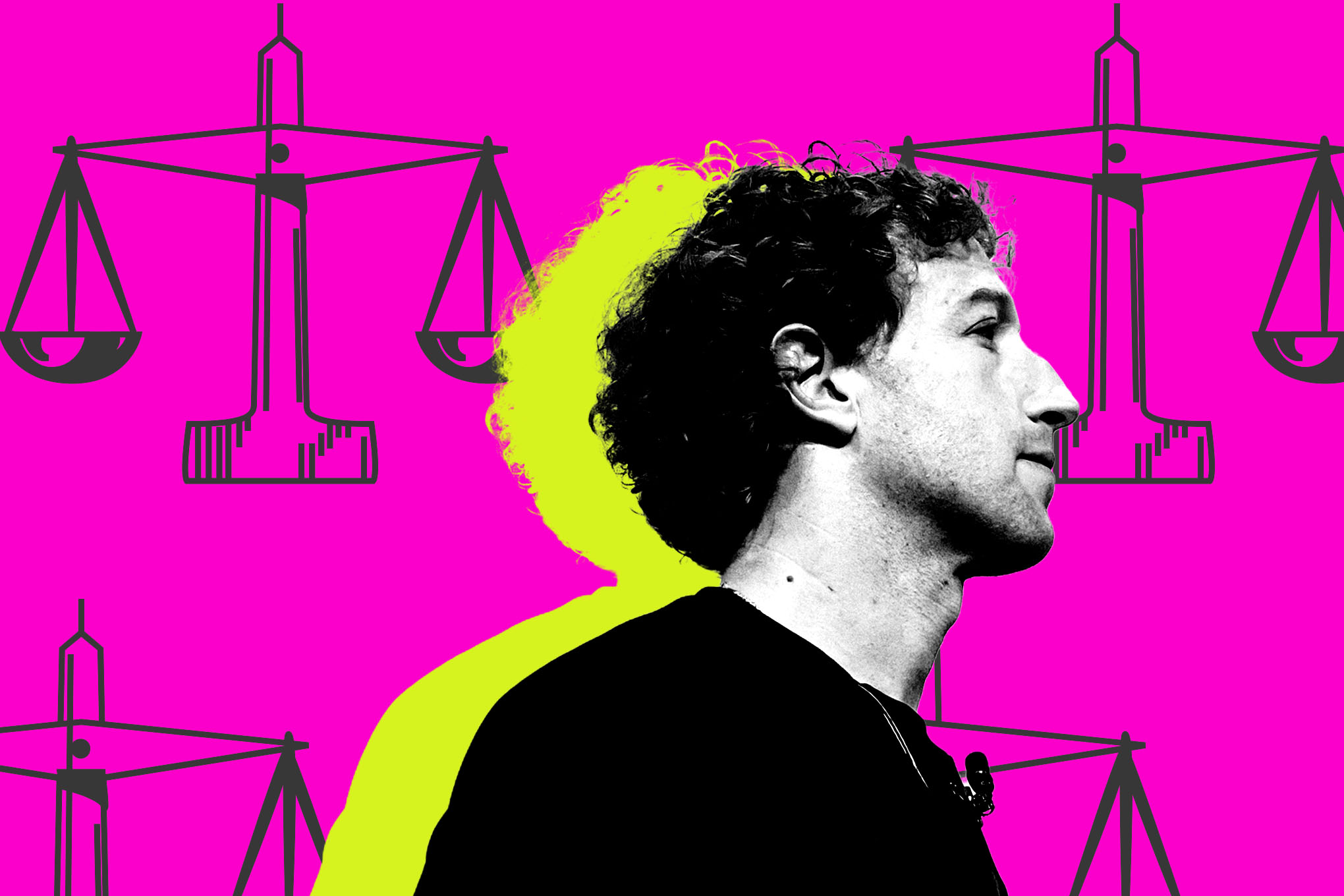 Photo of Mark Zuckerberg in front of the justice scale.