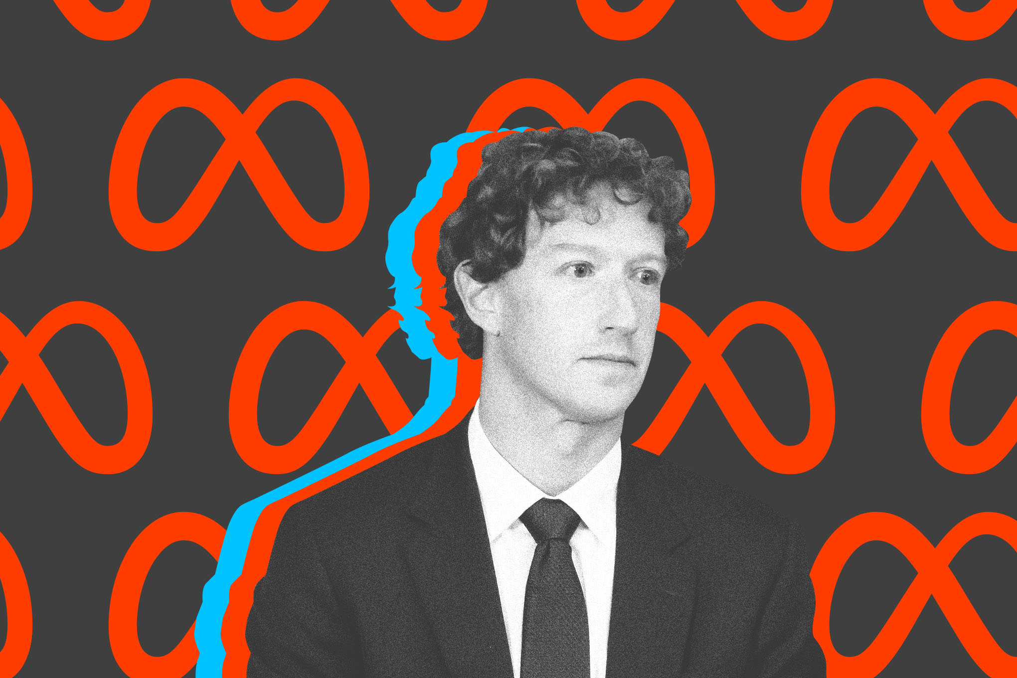 Photo of Mark Zuckerberg in front of background of Meta logo.