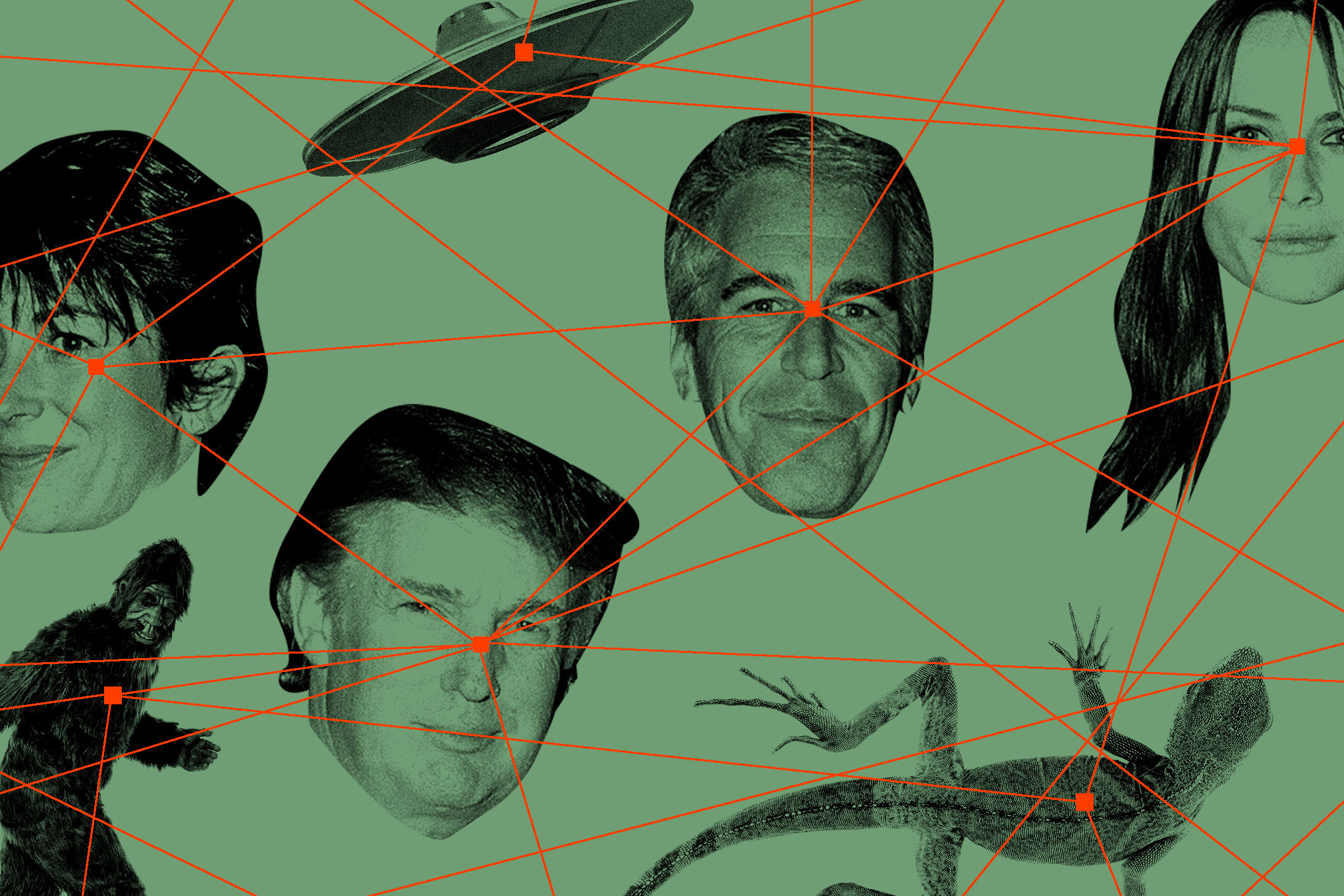 Photo collage of red lines connecting Jeffrey Epstein to Donald Trump, Melania Trump, and Ghislaine Maxwell, along with a UFO, lizard, and Bigfoot.