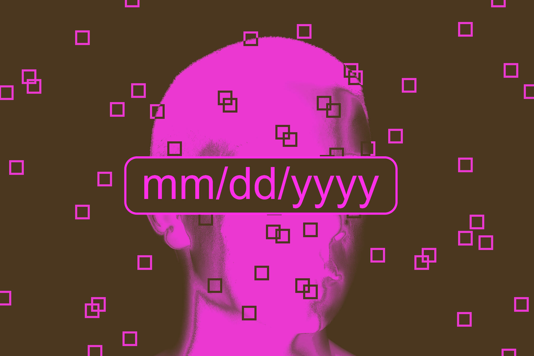 Pixels of data over an obscured human face with a date entry form.