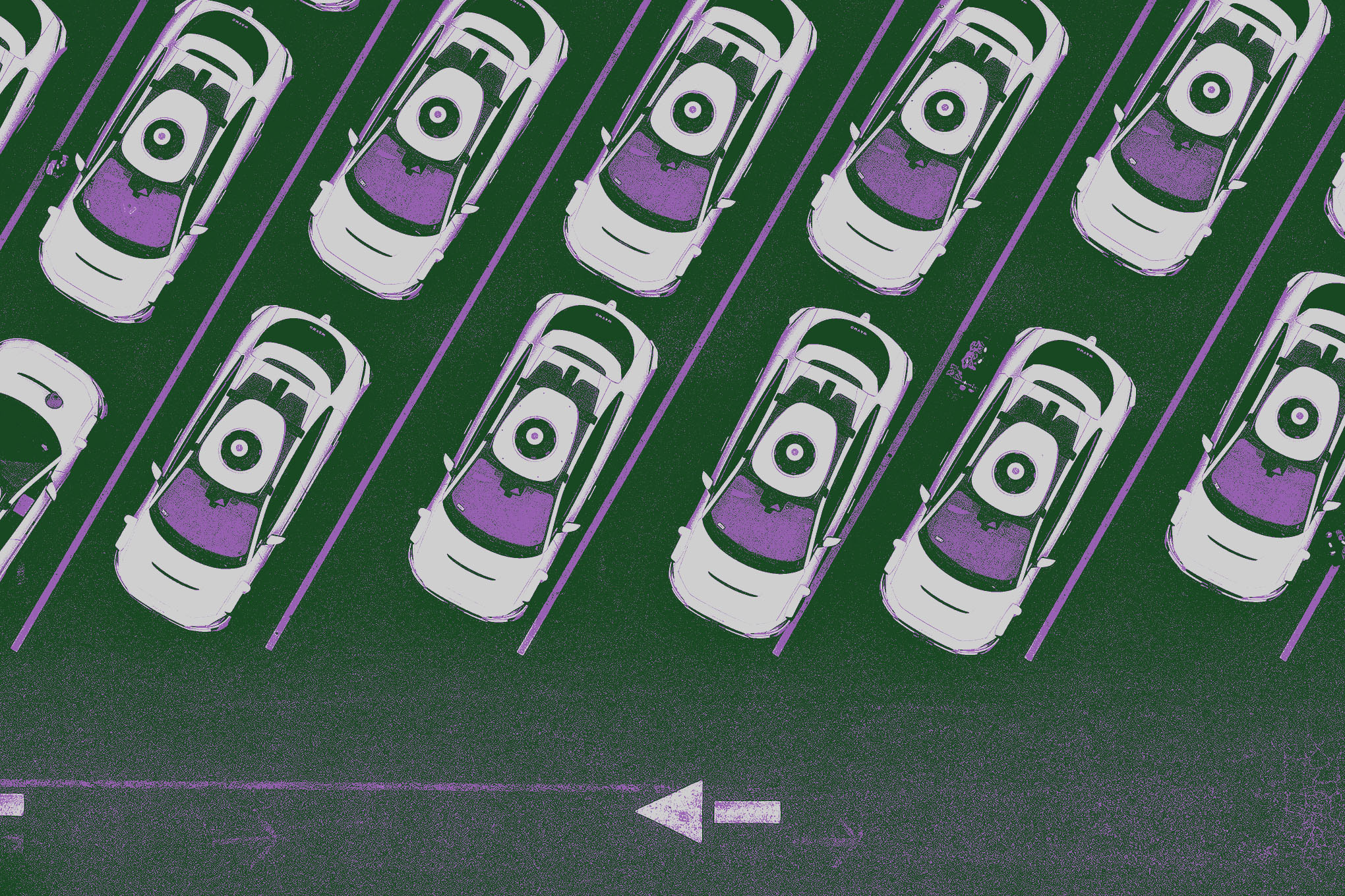 Photo of Waymo taxis with a green filter.