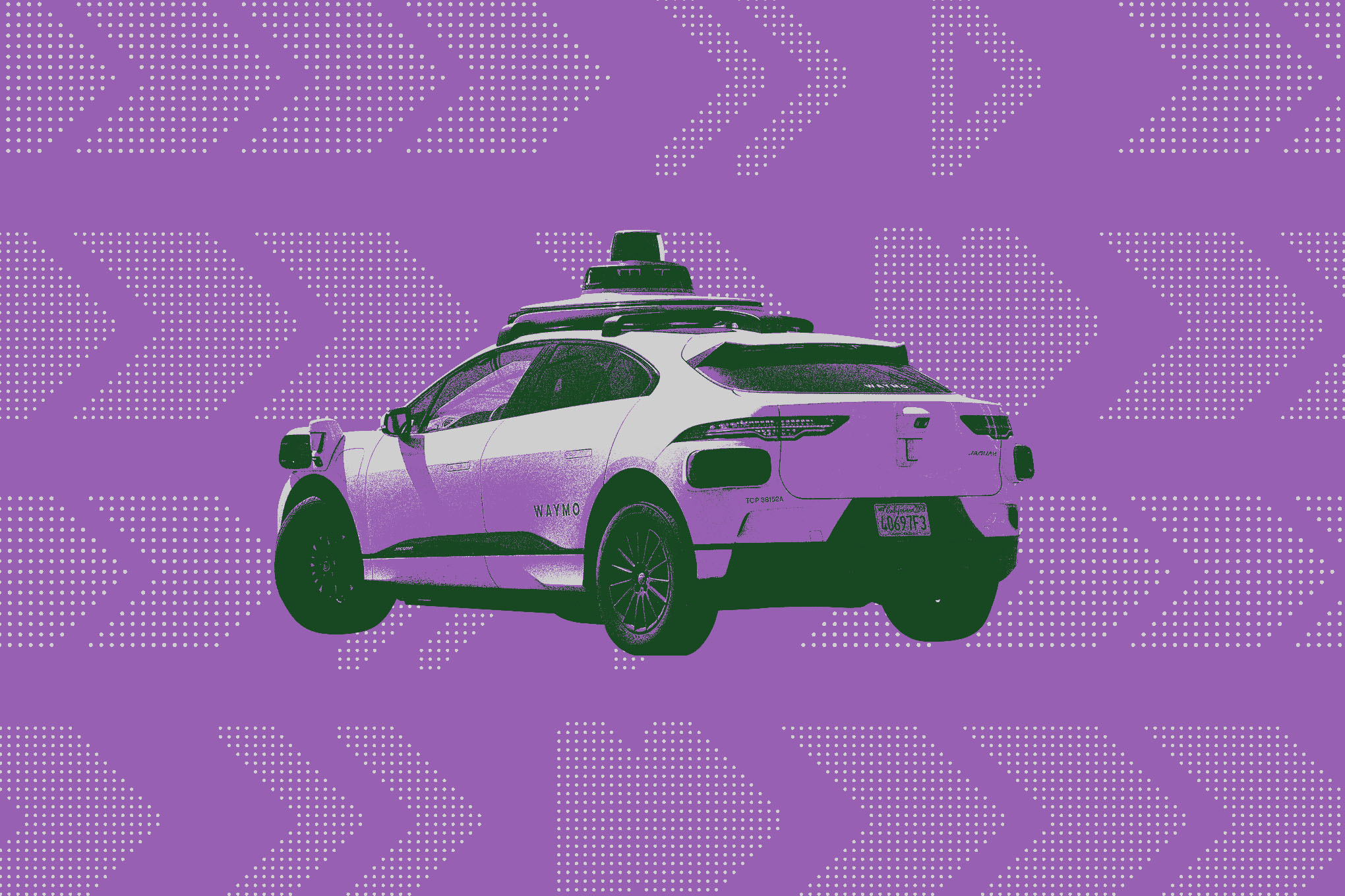Waymo taxi on a bright purple background.