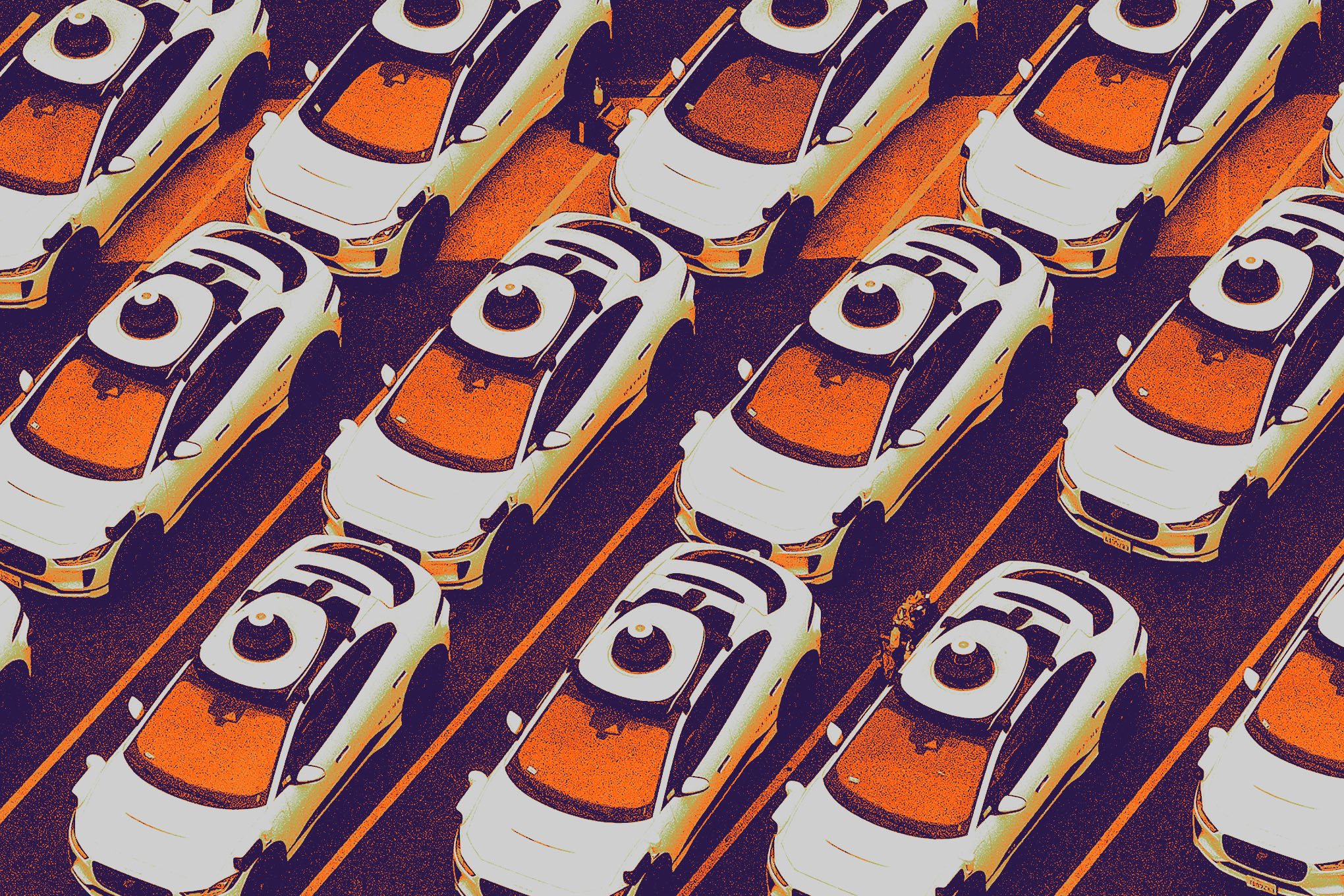 Waymo taxis with a purple and orange filter.