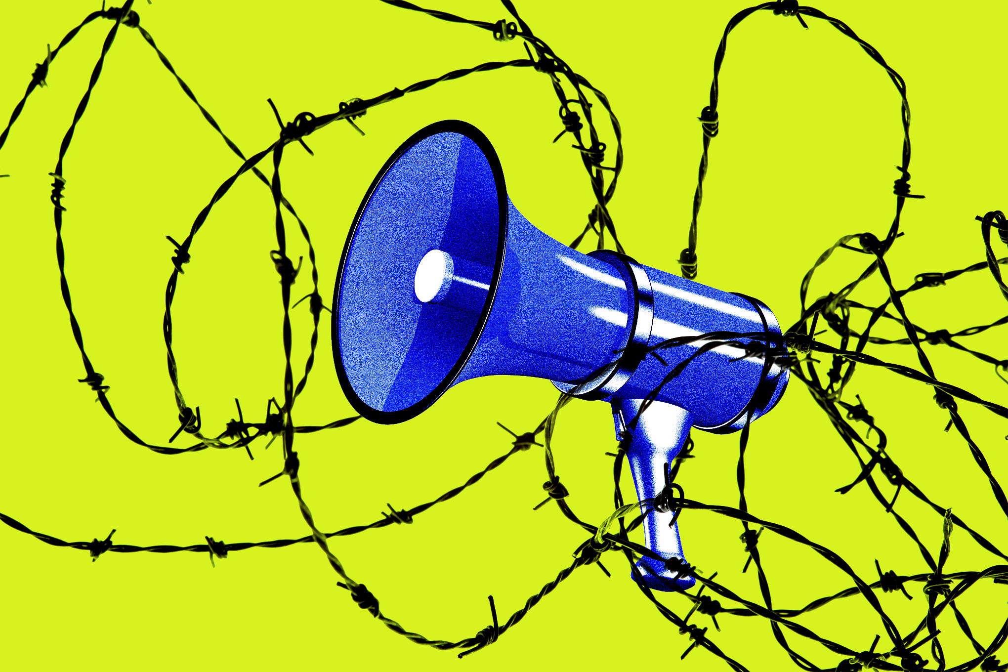 Megaphone tangled up in barbed wire.