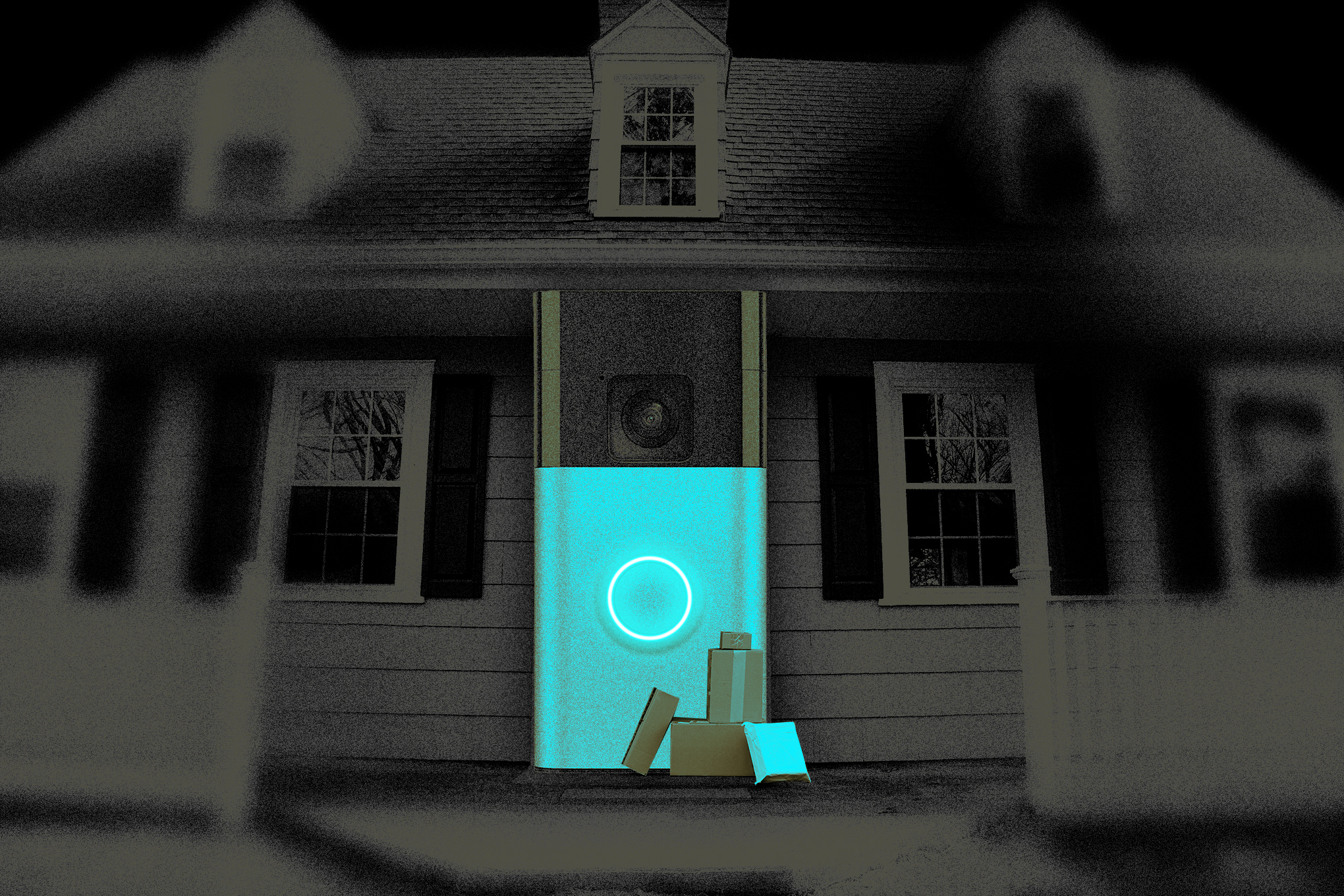 A Ring camera as the front door of a house.
