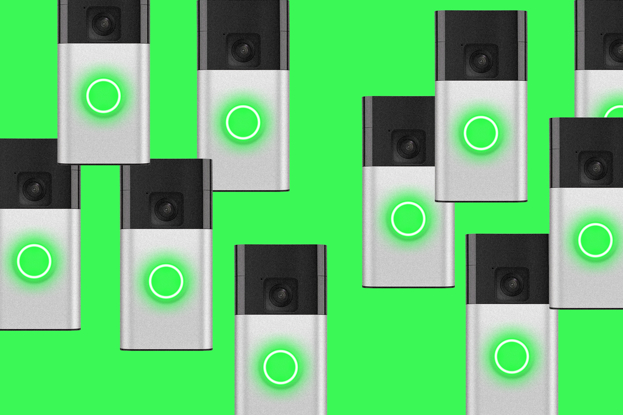Ring cameras on a green background.