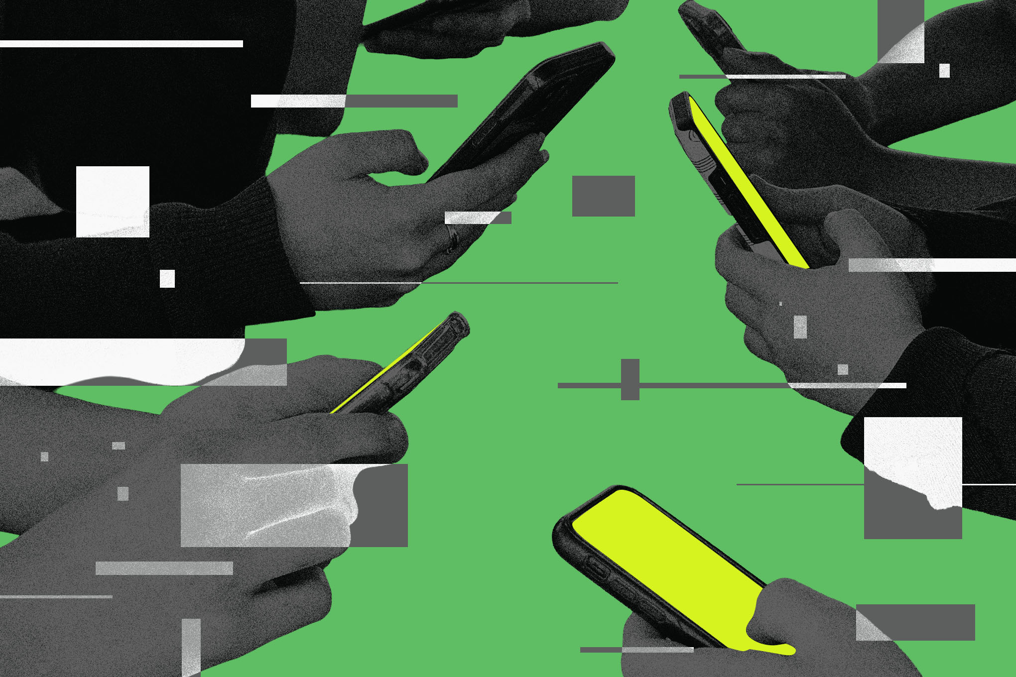 Teens using social media on cell phones on a graphic green background.