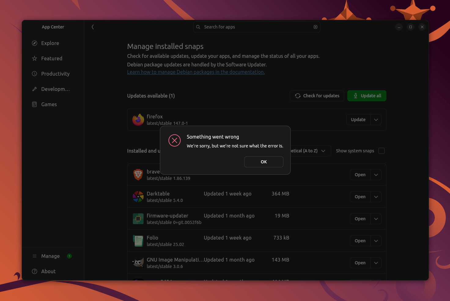 The Ubuntu App Center throwing an error reading “Something wen’t wrong. We’re sorry, but we’re not sure what the error is.”