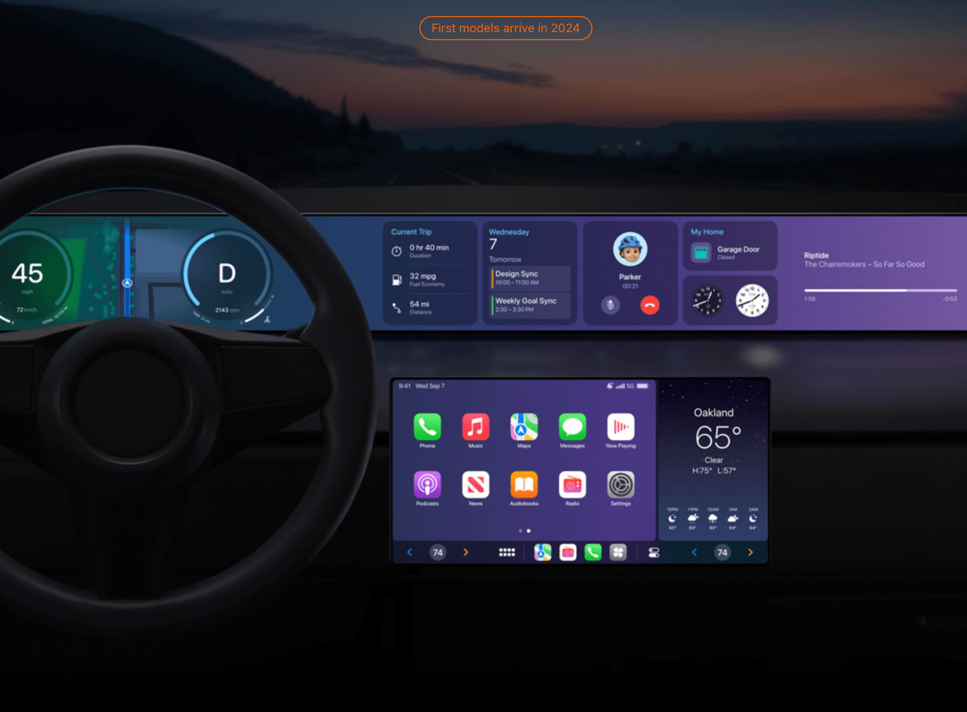 Apple’s CarPlay concept, showing a badge that reads “First models arrive in 2024.”