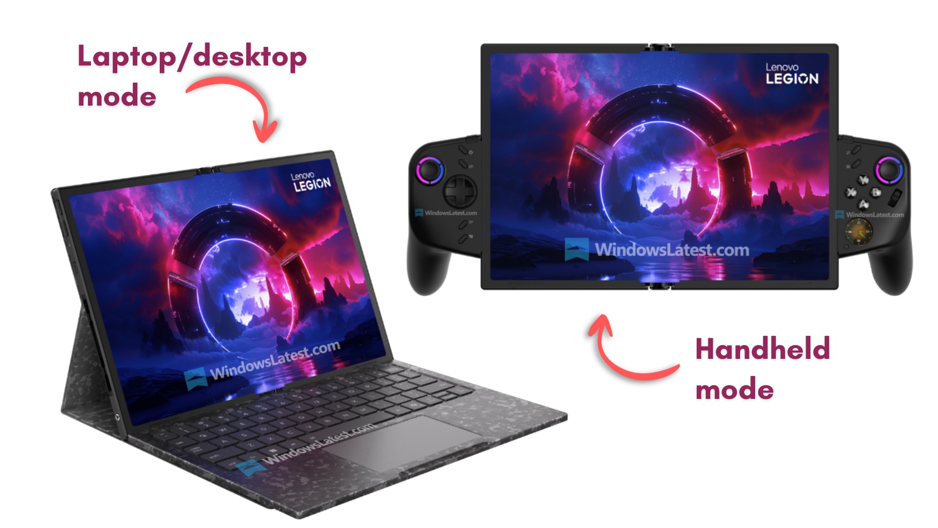 Leaked images of the Lenovo Legion Go Fold in handheld and laptop mode, via Windows Latest