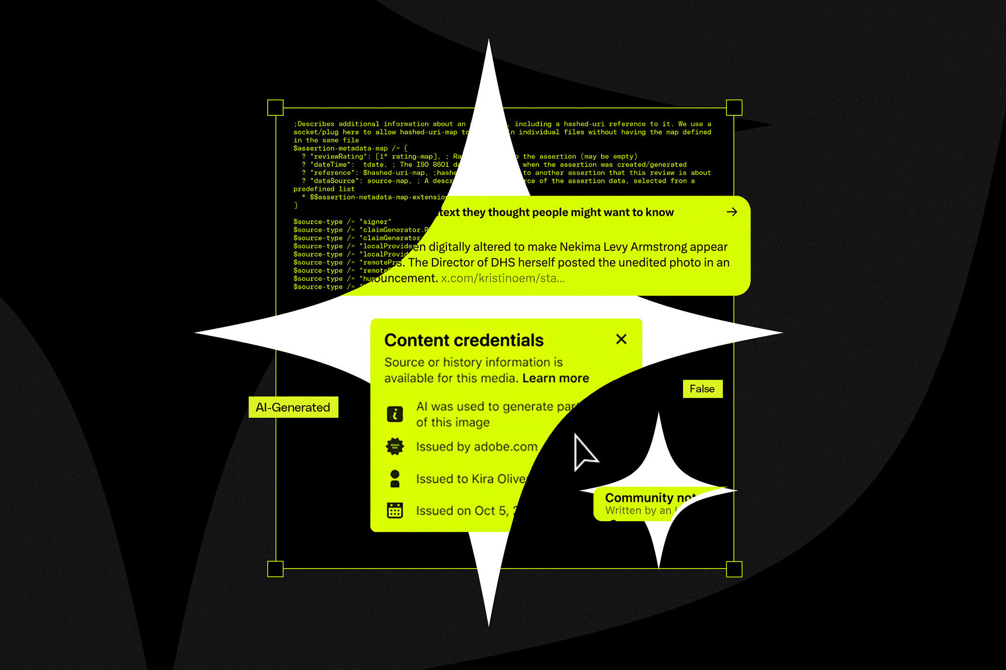 A photo illustration showing X’s Community Notes and AI metadata designed to try and sort real from fake images.