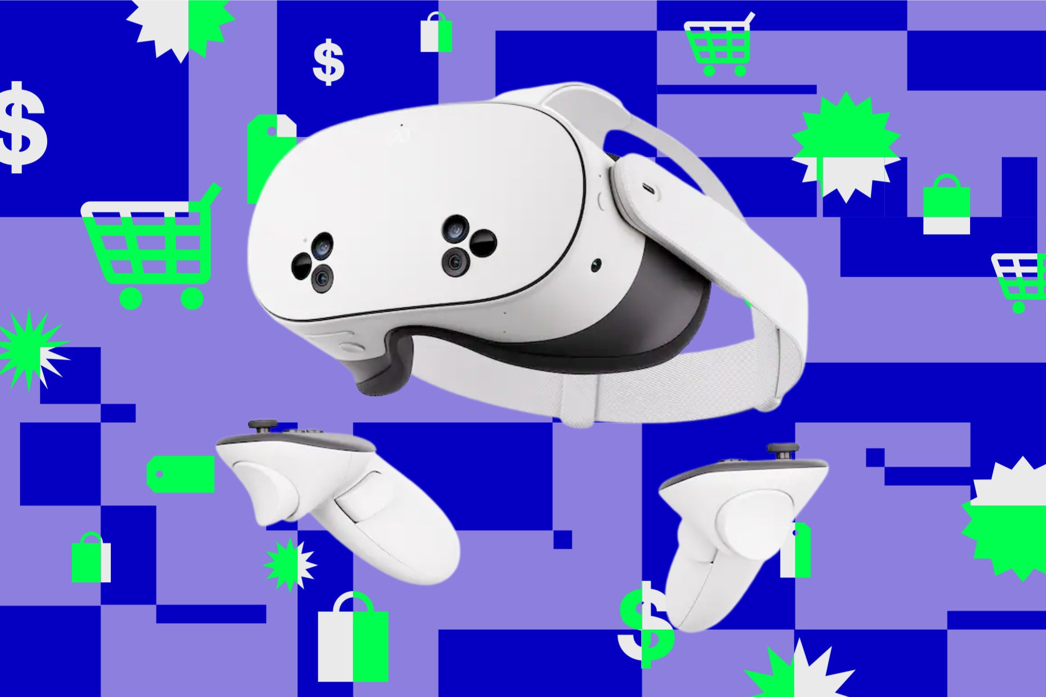 The Meta Quest 3S VR headset on a blue and green background.