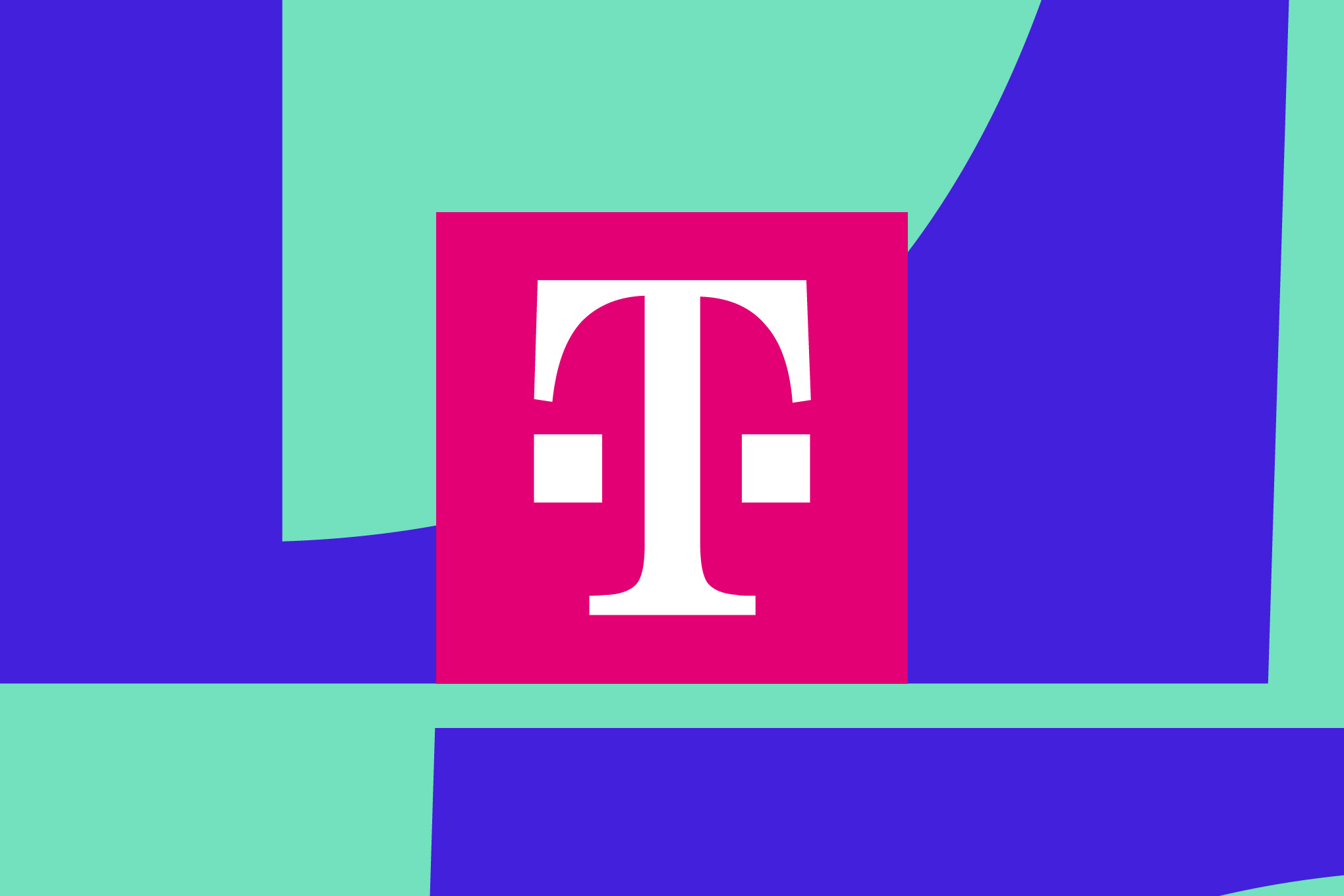 Illustration of the T-Mobile logo, the letter T in a pink box with two squares on either side of it, in front of a blue and aqua background.