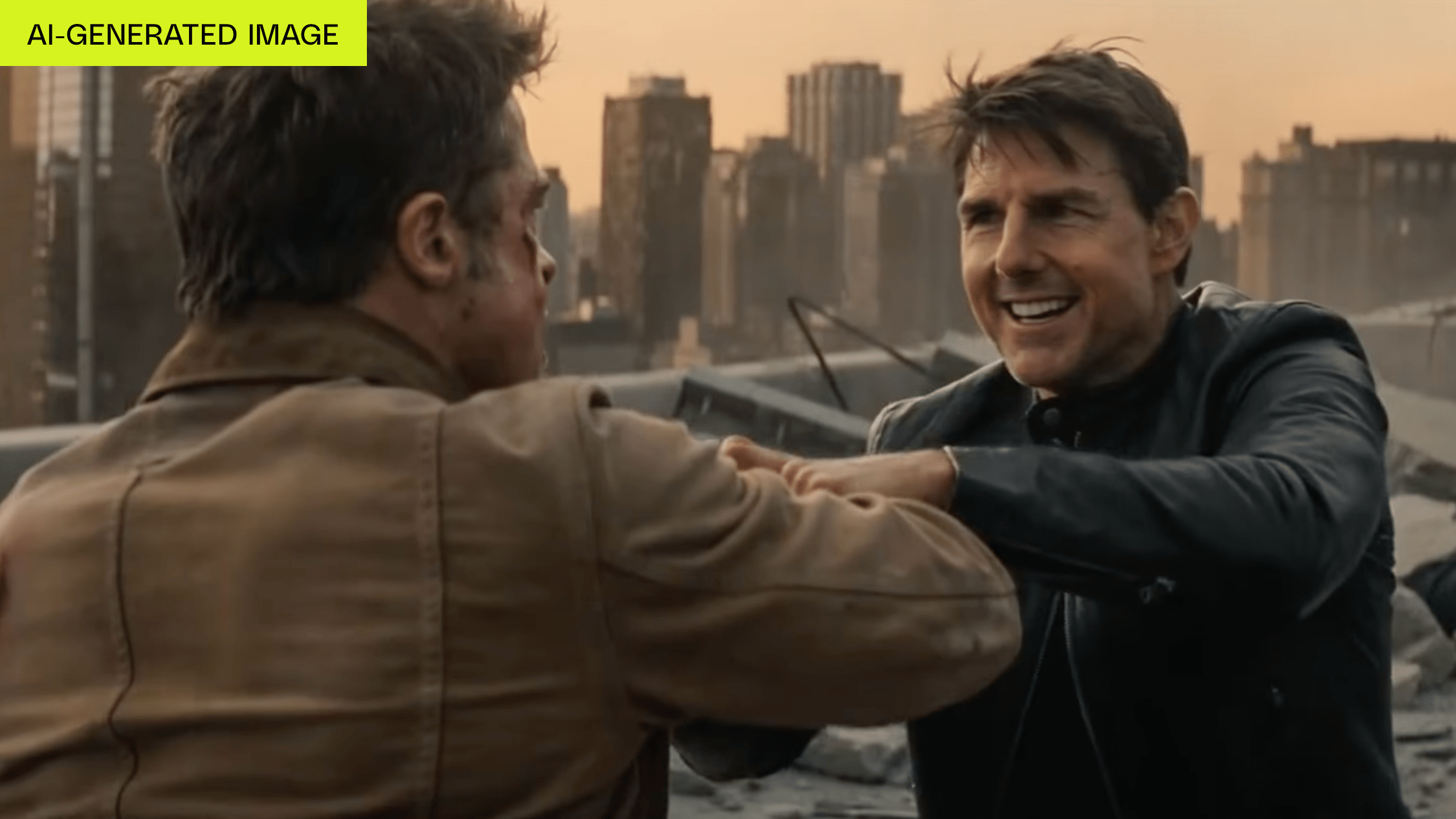 An AI-generated image of Tom Cruise and Brad Pitt fighting in a desolated city.