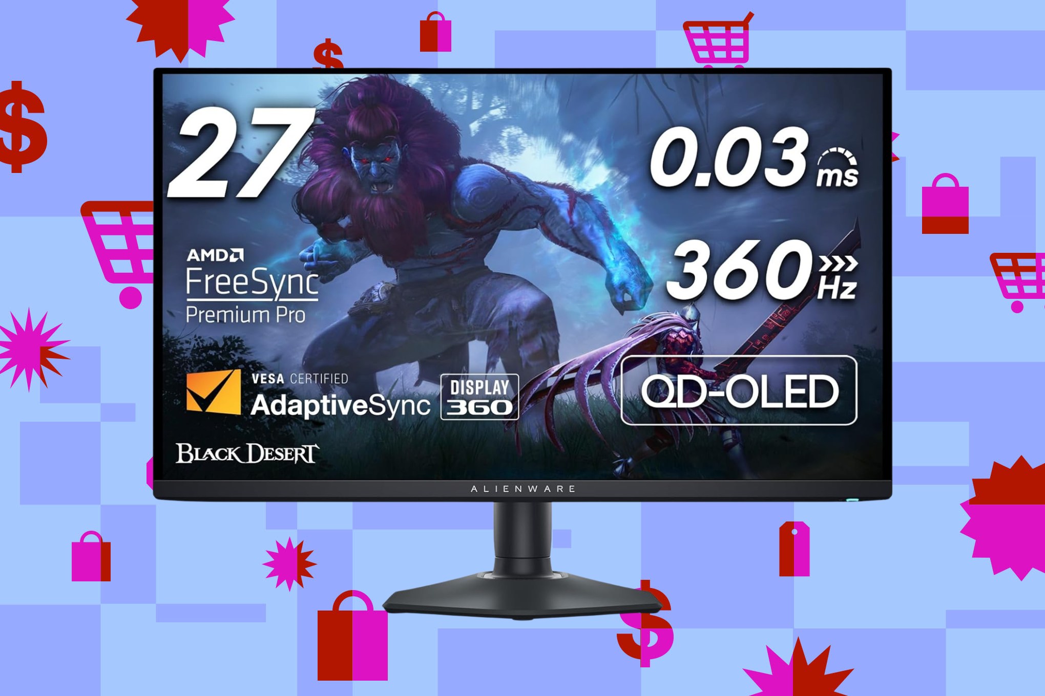An image of the Alienware AW2725DF QD-OLED gaming monitor on a collage of colors and shopping-related symbols.