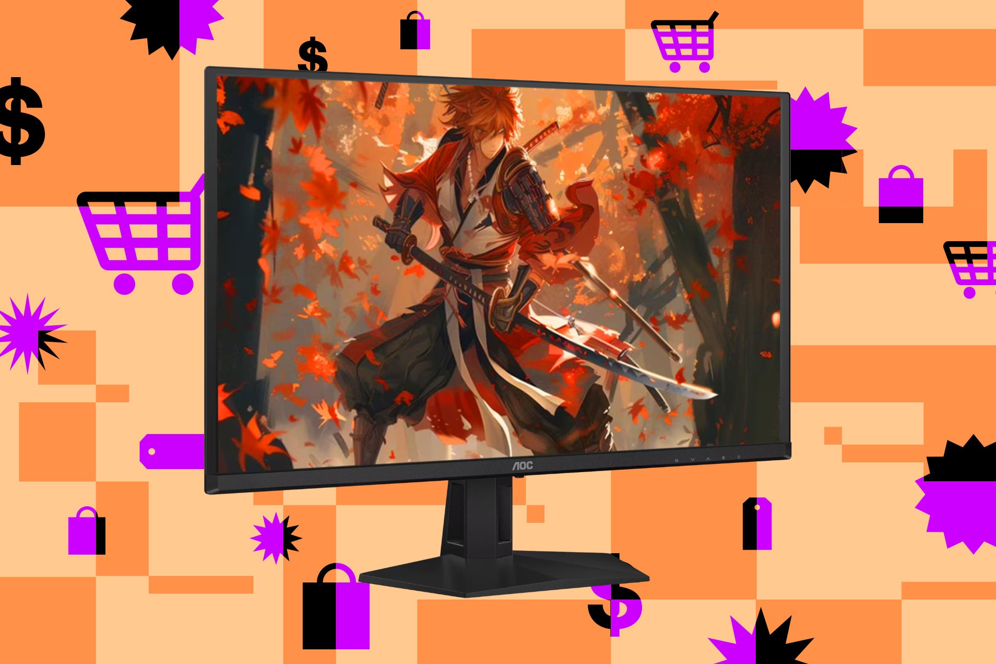 An image of AOC’s 27-inch QD-OLED gaming monitor set on a background consisting of various shapes and shopping-related symbols, like a shopping cart, US currency symbol, and a price tag.