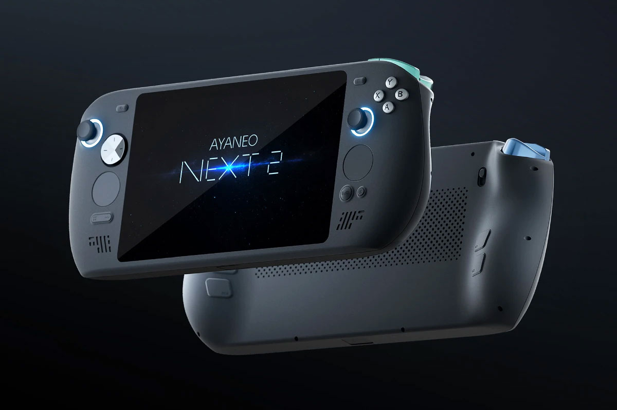 The front and back of the Ayaneo Next 2 Windows handheld in a black finish.