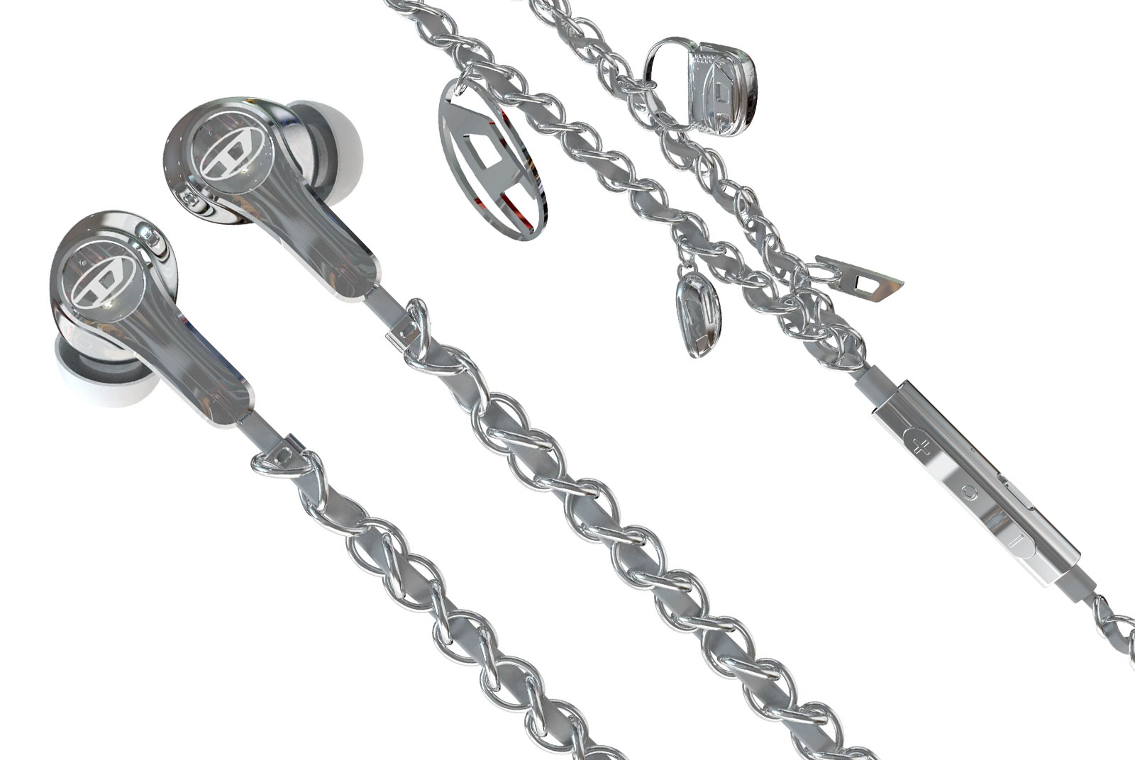 Two close-up images of Diesel’s wired earbuds.