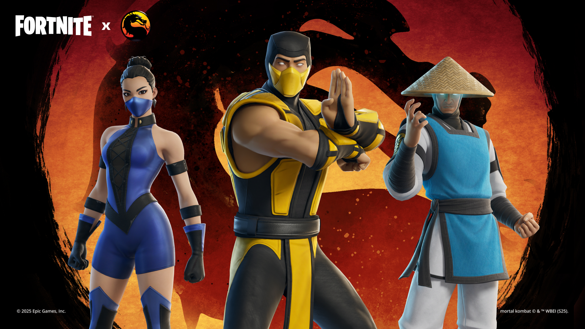 Promotional art for Mortal Kombat-themed Fortnite skins.