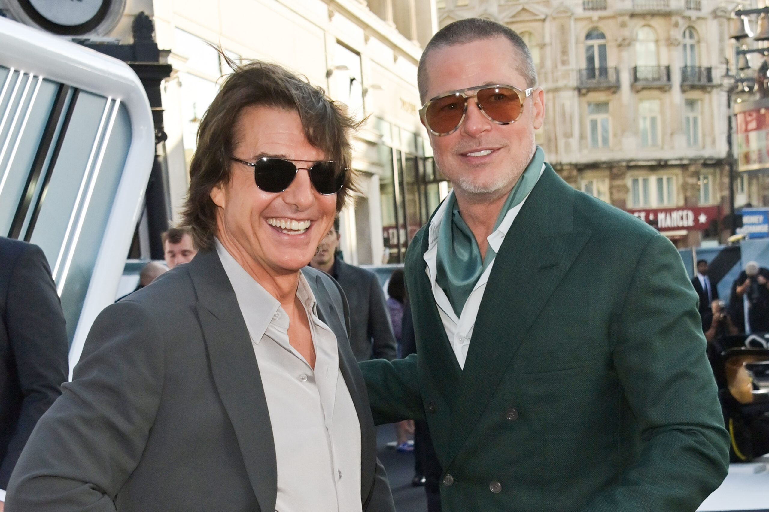 Tom Cruise and Brad Pitt attend the European Premiere of "F1: The Movie" at Cineworld Leicester Square on June 23, 2025.