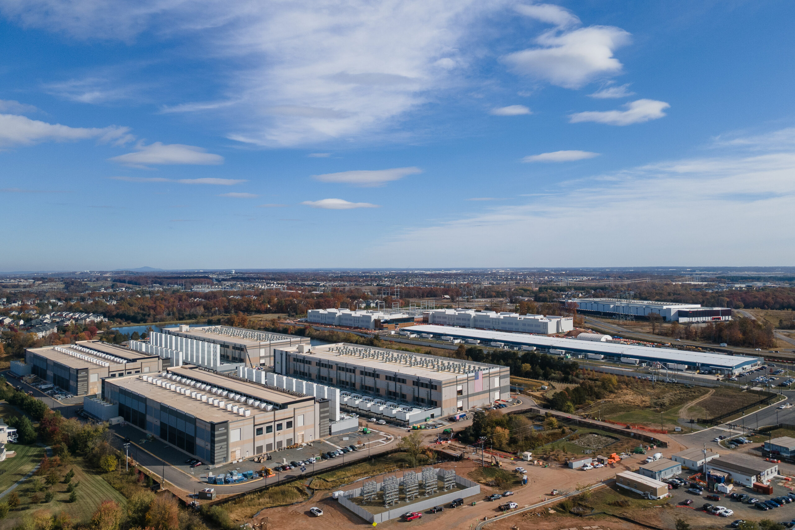 An aerial view of buildings making up a large data center.