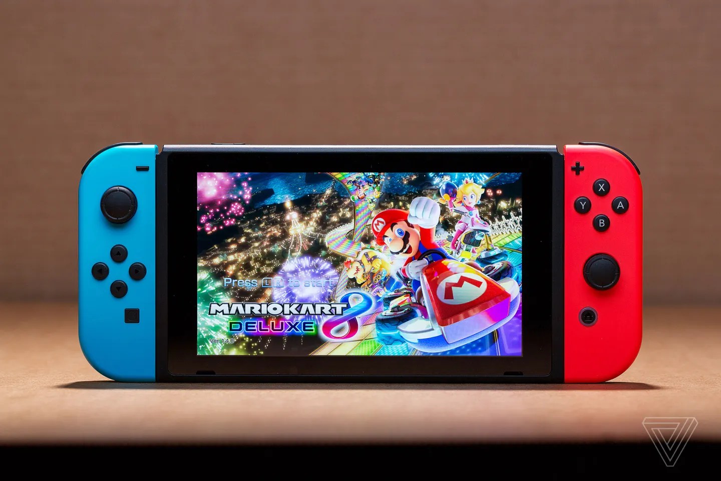 A photo showing the Switch console with Mario Kart 8