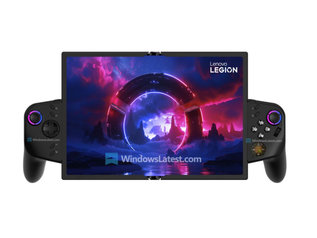 A leaked image of the Lenovo Legion Go Fold Concept in handheld mode, via WindowsLatest