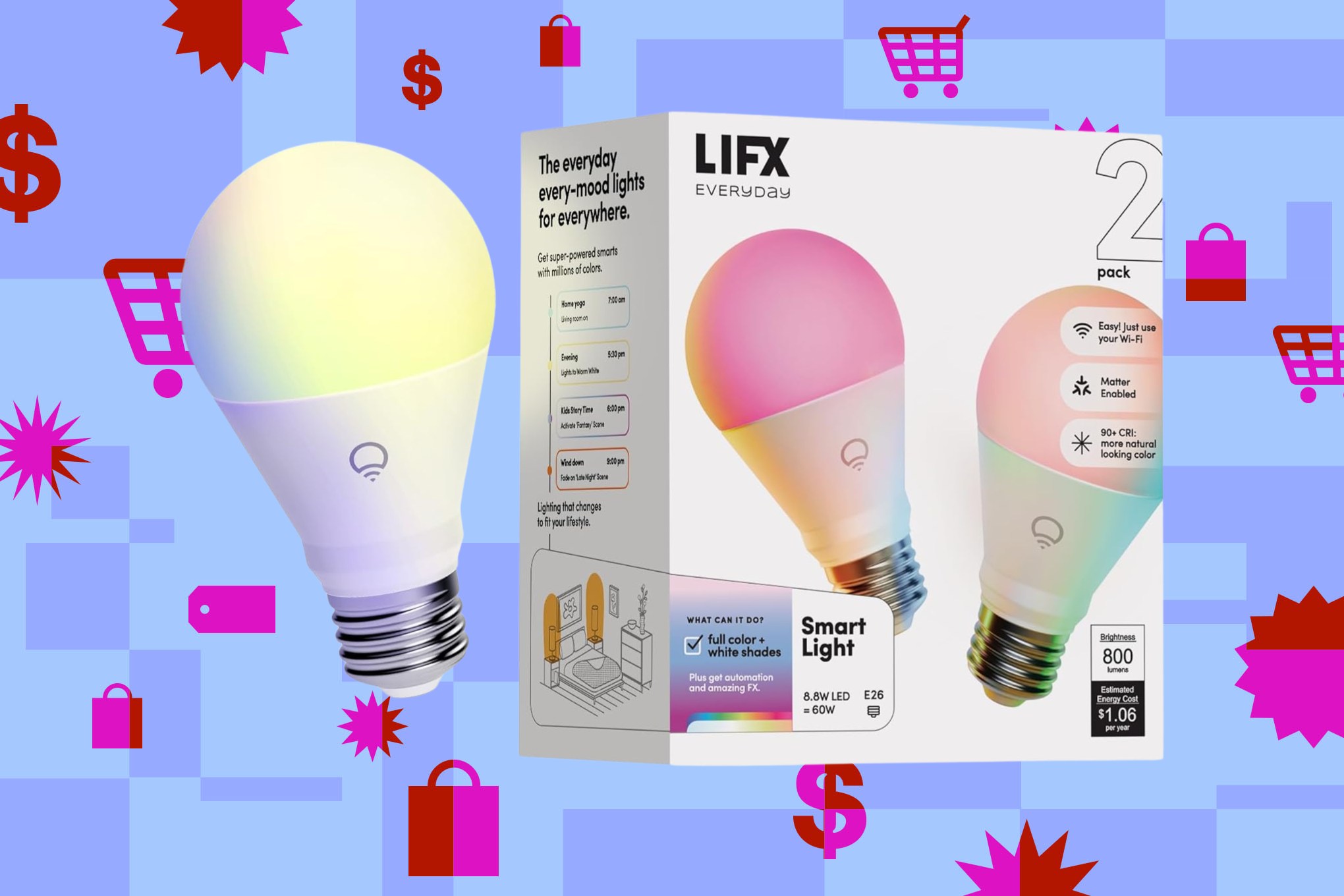 An image of Lifx’s Everyday two-pack of smart Wi-Fi bulbs laid over a collage of shapes and shopping-related symbols, including a price tag, US currency symbol and a shopping cart.