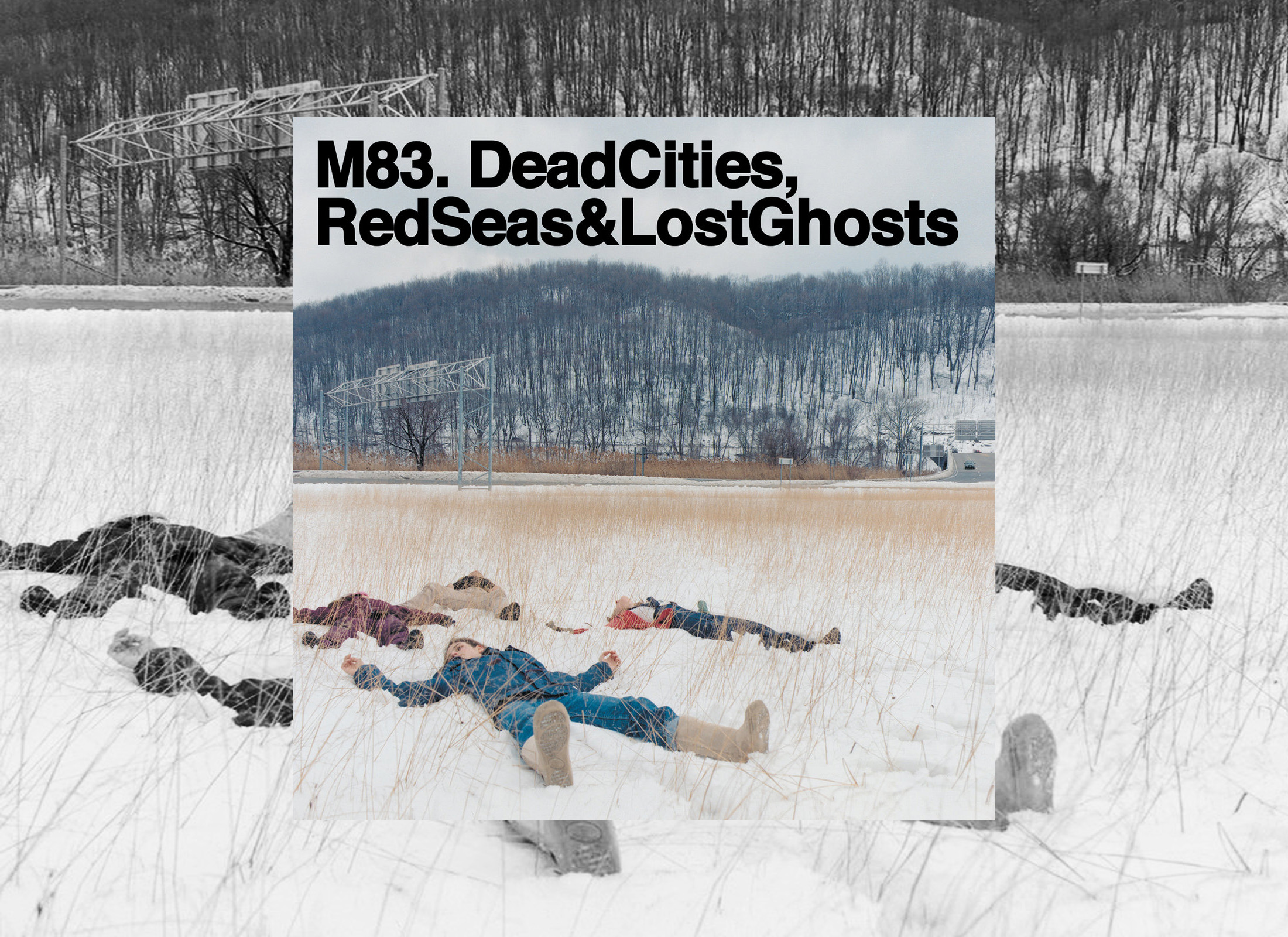 Cover of M83’s Dead Cities, Red Seas & Lost Ghosts which features four people laying in a snow covered field.