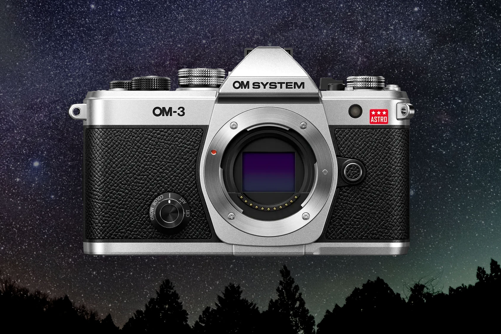 The OM-3 Astro camera superimposed over a starry landscape photo.
