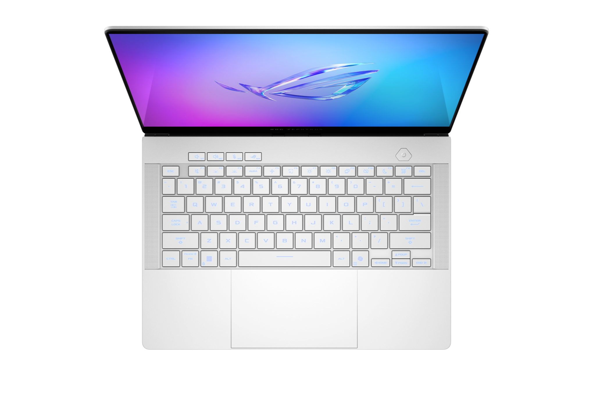 Asus’ ROG Zephyrus G14 from 2025 viewed from the top down with its keyboard opened.