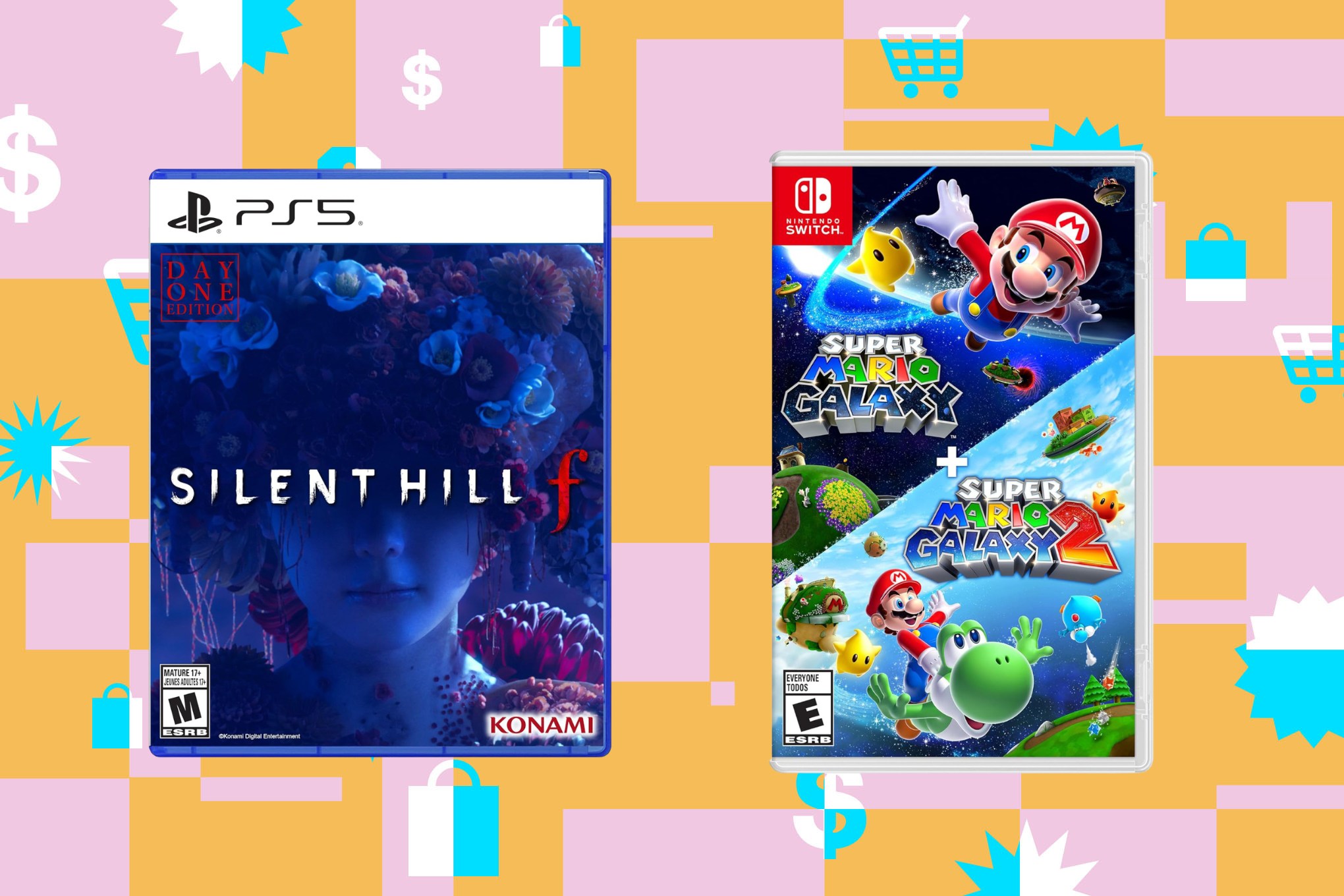 Silent Hill F for the PlayStation 5 next to Super Mario Galaxy double pack for the Nintendo Switch sitting on a collage background that’s orange and pink. There are shopping symbols, including a shopping cart, price tag, US currency symbol.