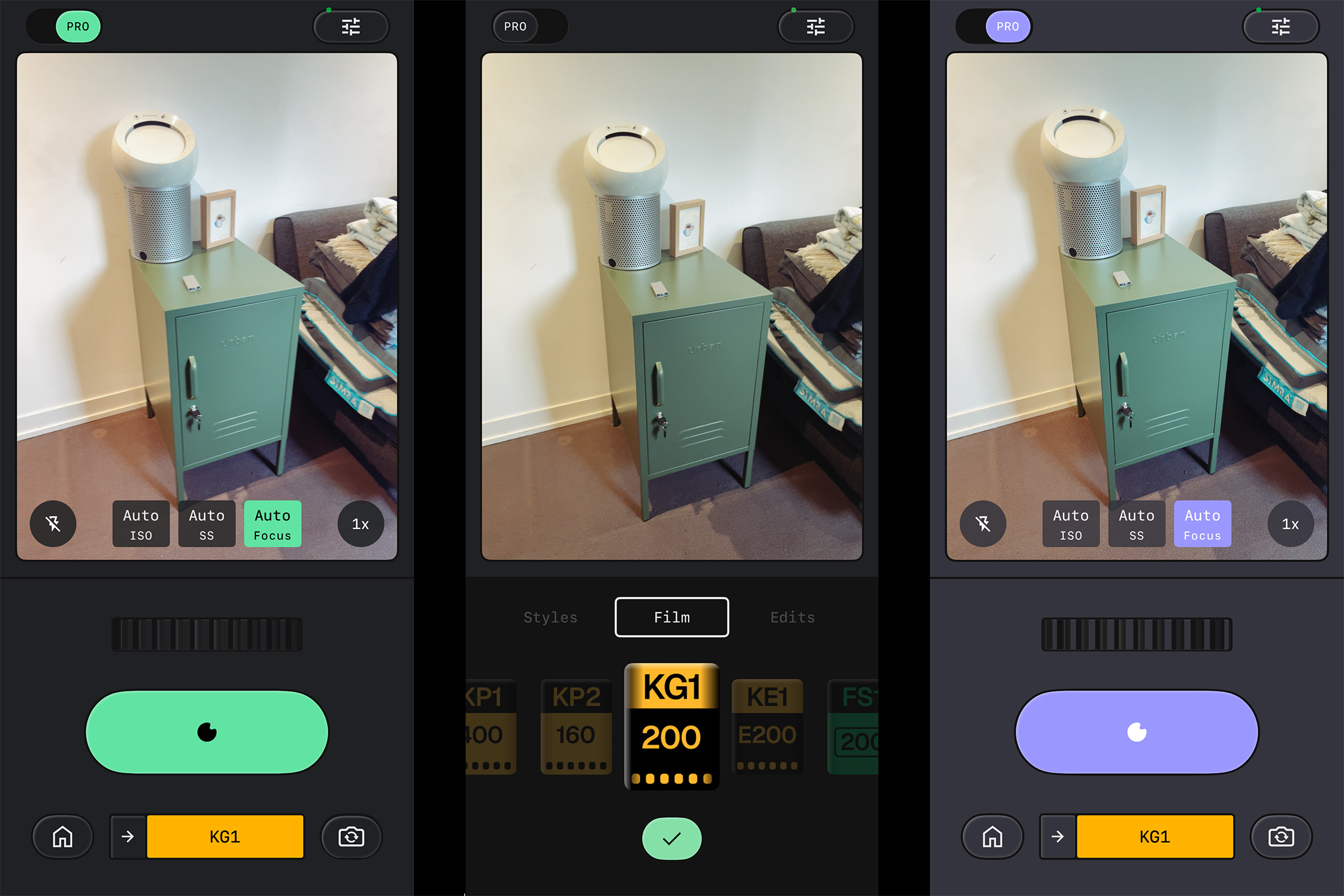 Three screenshots of the Snapseed camera mode on iOS, showing Pro controls, film filters, and color options