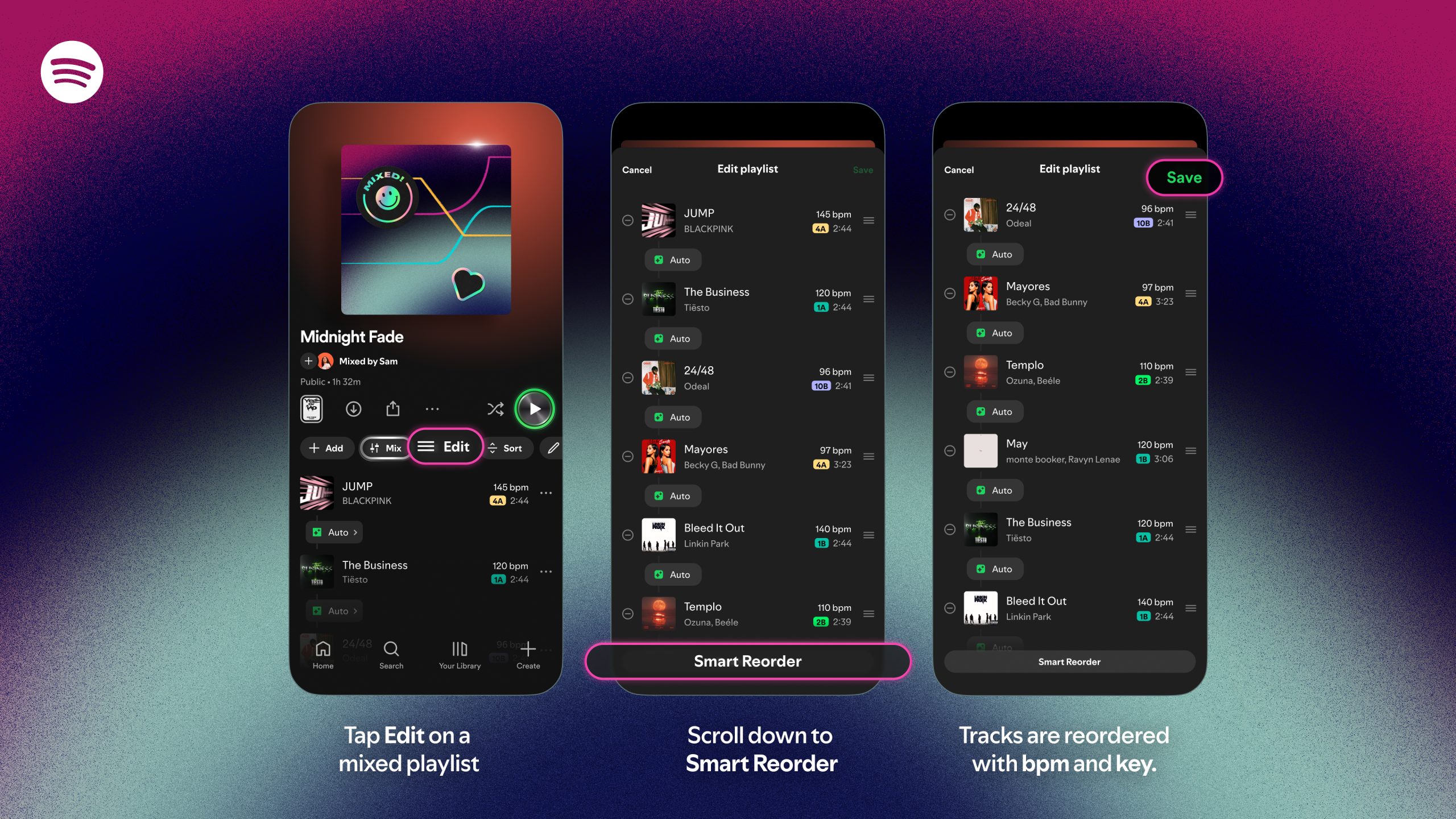 Screenshots of Spotify’s “Smart Reorder” feature